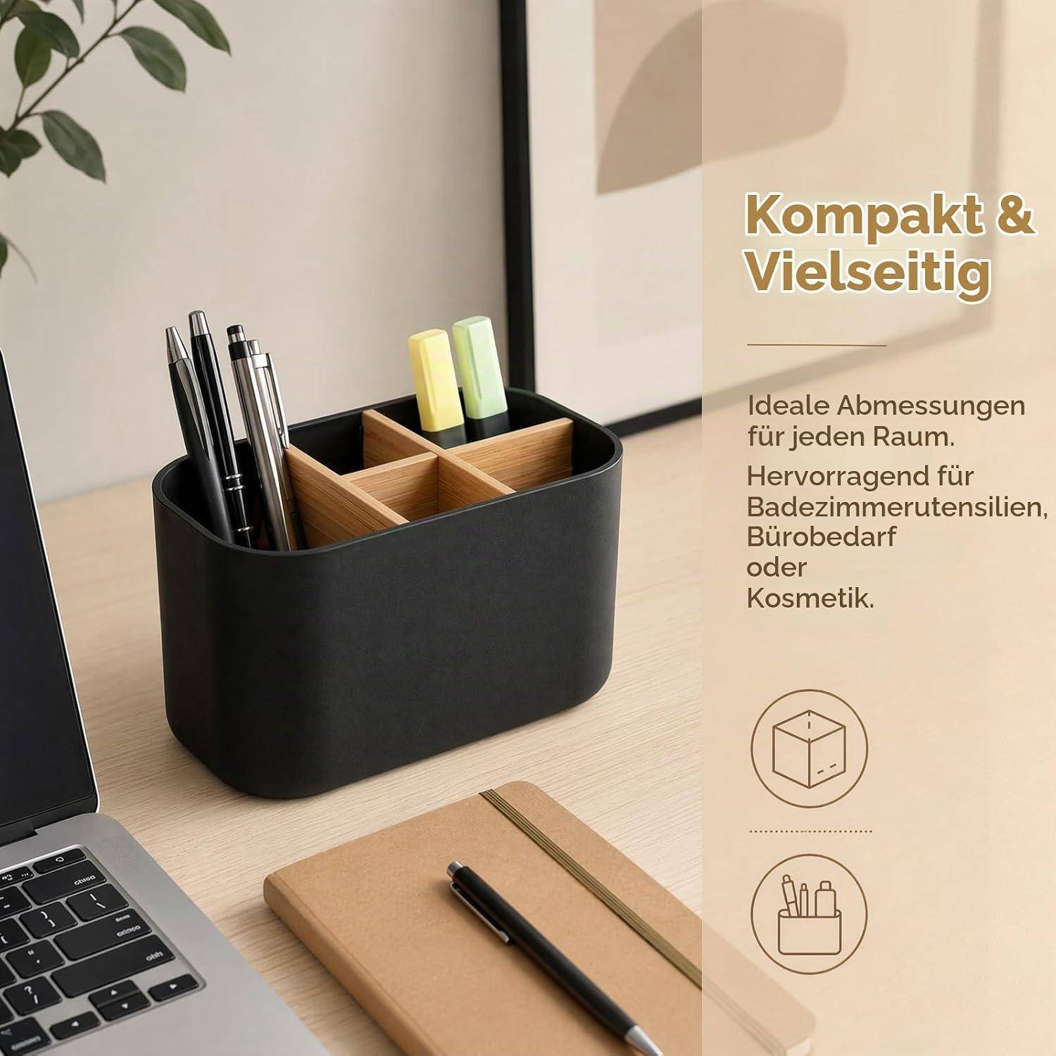 Kompakter schwarzer Schreibtischorganizer mit Holzfächern, in denen Stifte und Textmarker neben einem Laptop aufbewahrt werden; der deutsche Text besagt, dass er kompakt, vielseitig einsetzbar und ideal für Badezimmer, Büro oder Kosmetik ist.