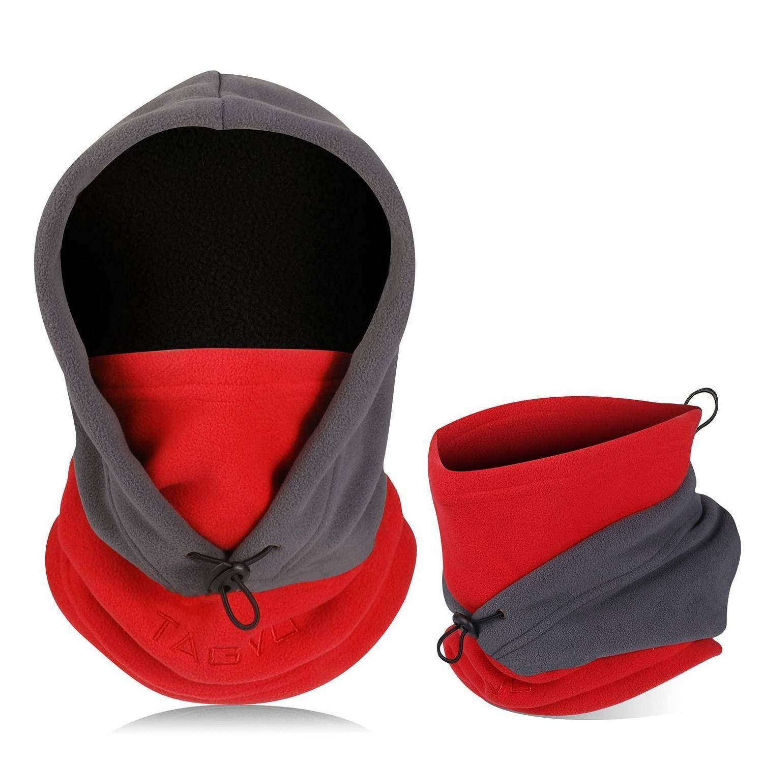 Grauer und roter Kapuzen-Halstuch oder Gesichtsmaske, von vorne und von der Seite gezeigt, mit Kordelzug zum Verschließen für anpassbaren Winterschutz.