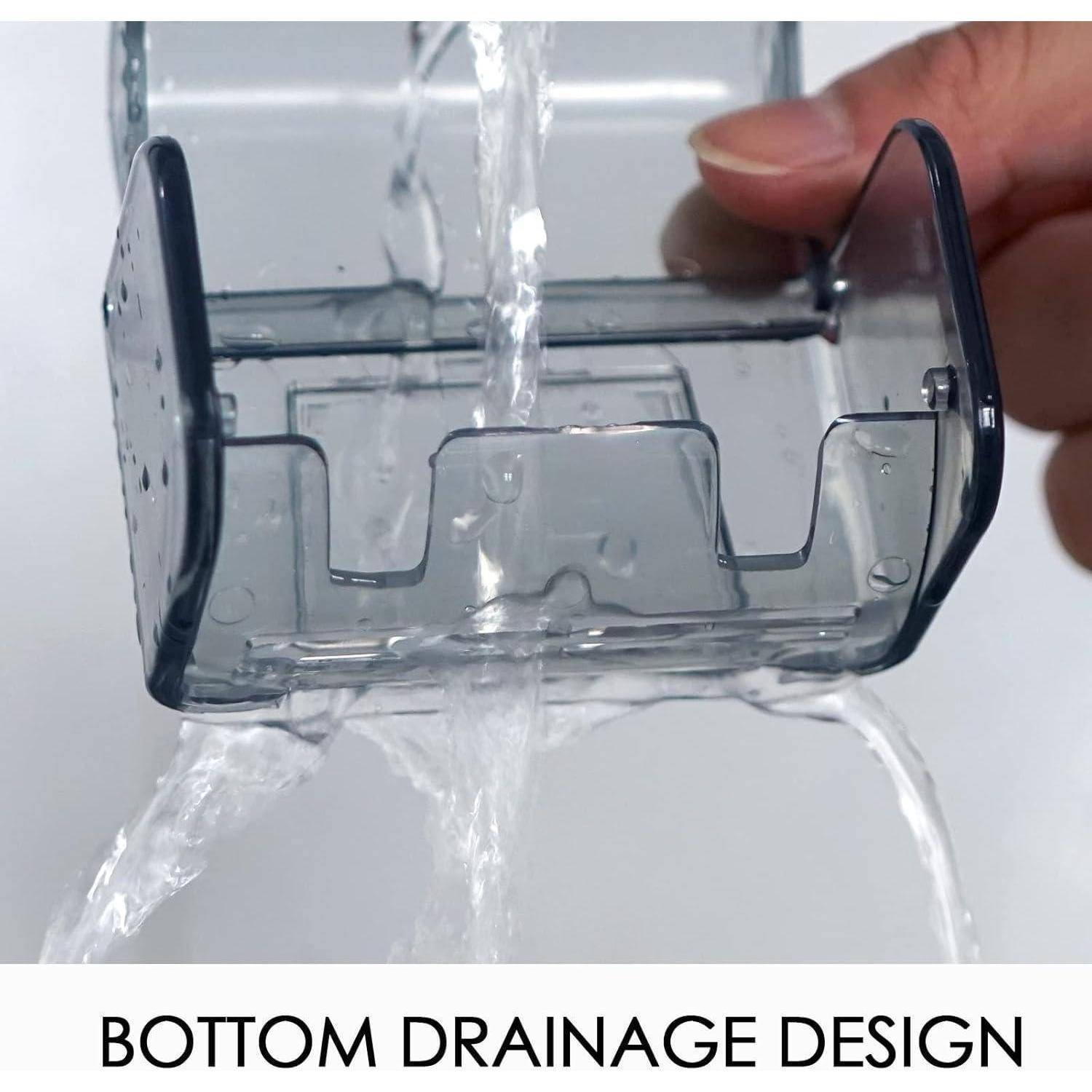 Durchsichtiger Kunststoffbehälter mit Drainagedesign am Boden, Wasser fließt durch die offene Unterseite, während eine Hand ihn hält.
