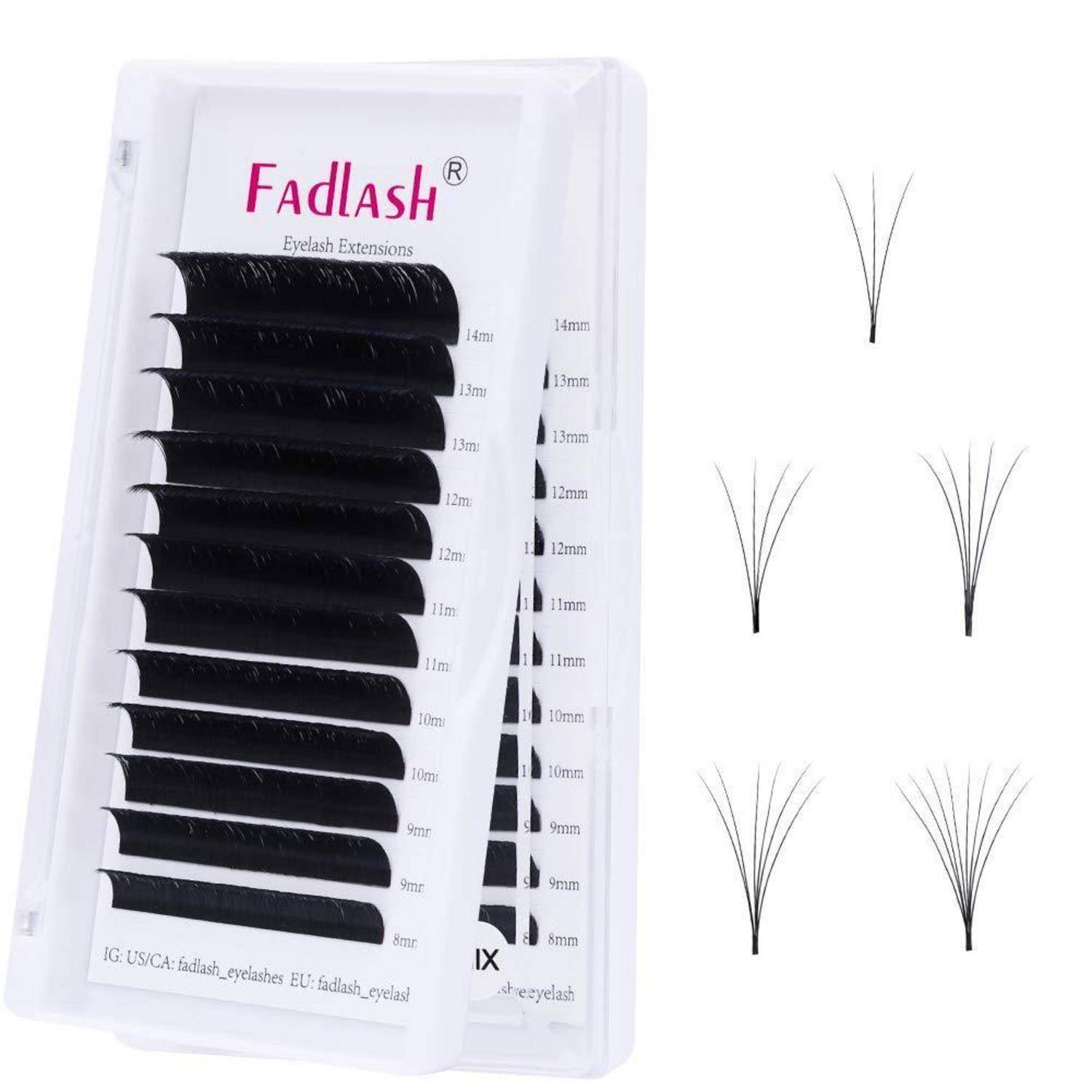Fadlash Wimpernverlängerungs-Tablett mit schwarzen künstlichen Wimpernstreifen und neben ihm gezeigten Muster-Wimpernbüscheln in Fächerform.