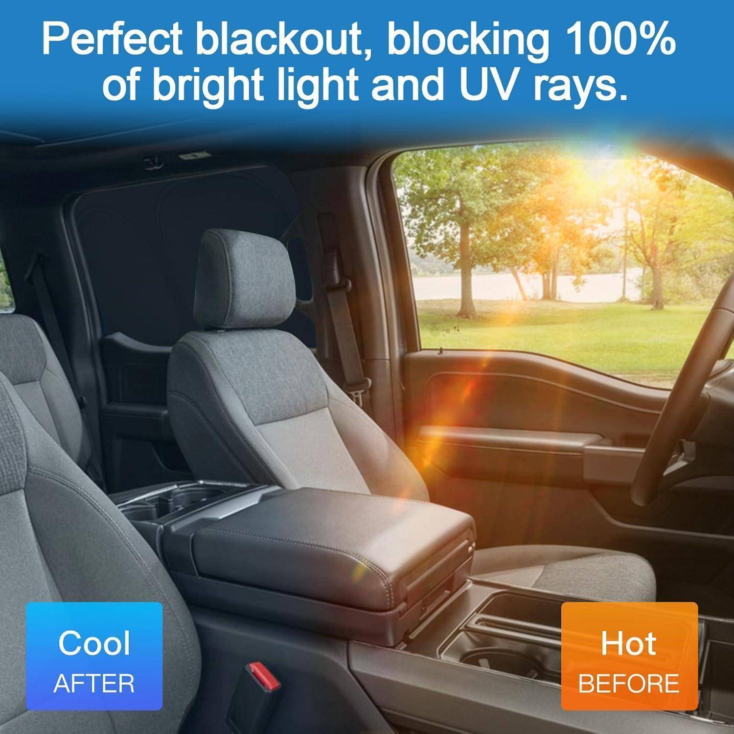 Autoinnenraum mit Verdunkelungsrollo, das helles Sonnenlicht und UV-Strahlen blockiert; kühle „Nachher
