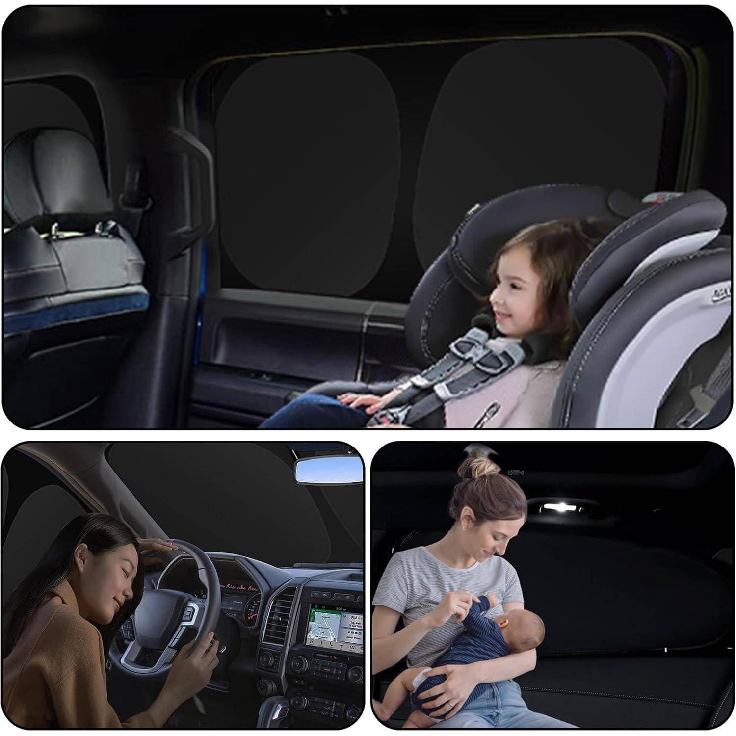 Collage aus dem verdunkelten Innenraum eines Autos, das Insassen auf den Rück- und Vordersitzen zeigt, wobei die Sicherheit von Kindern auf der Rückbank und der Komfort im Auto hervorgehoben werden.