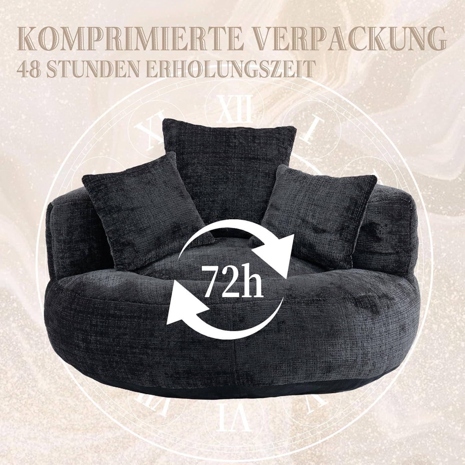 Schwarzes Sofa in komprimierter Verpackung gezeigt, mit Text „KOMPRIMIERTE VERPACKUNG