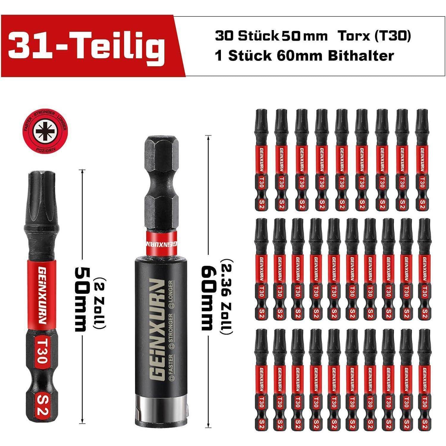 31-teiliger Torx-Bit-Satz: 30 50mm T30-Bits und 1 60mm Bithalter, gezeigt mit Produktfotos und Größenbezeichnungen.
