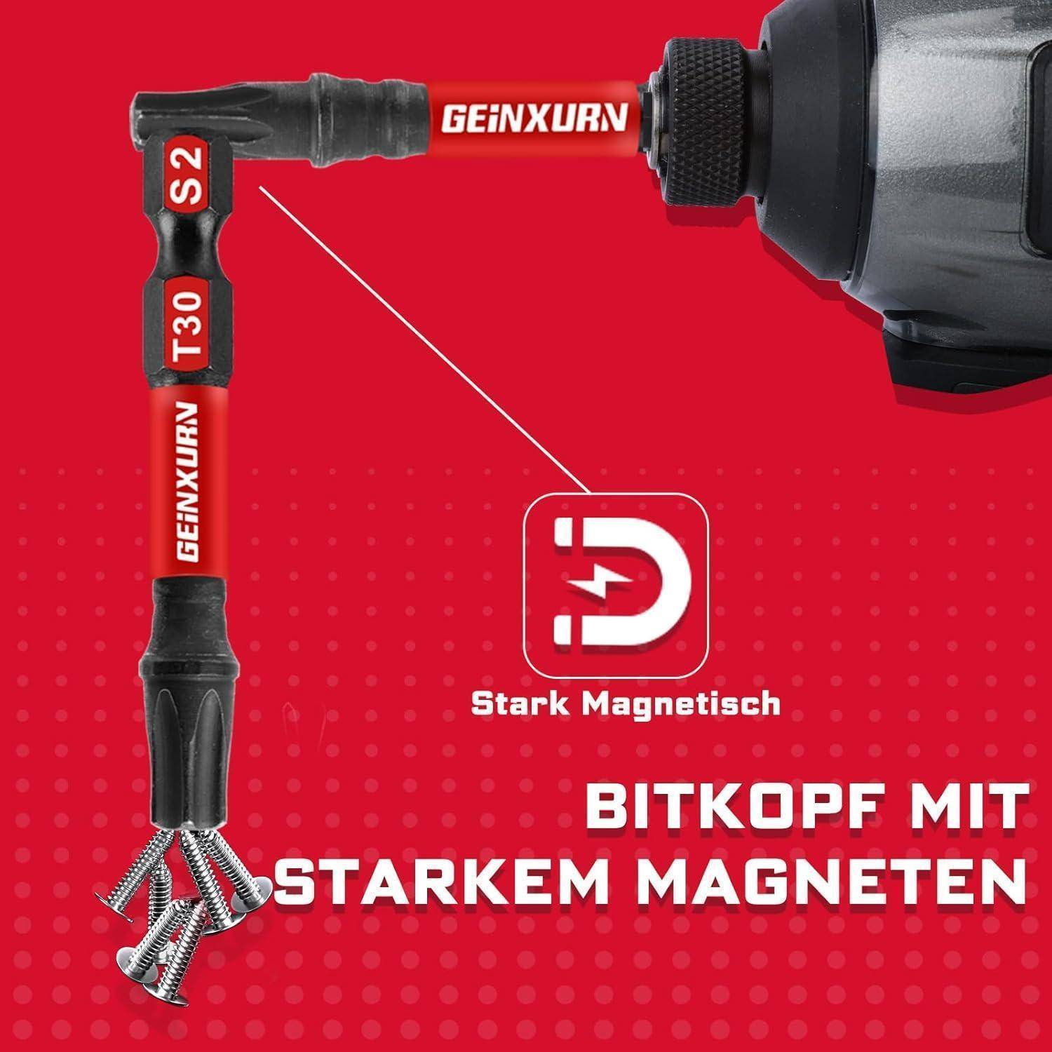 Roter magnetischer Winkelbohrbithalter mit S2/T30-Beschriftungen, mit Schrauben und einem angebrachten Bohrer; Text sagt „Stark Magnetisch
