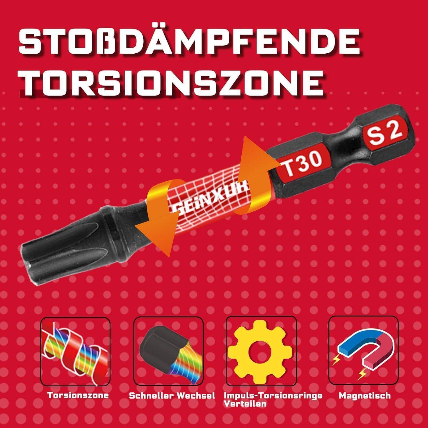 Illustration eines Schraubenziehers mit hervorgehobener 'STOßDÄMPFENDE TORSIONSZONE' und Beschriftungen T30 und S2, die eine stoßdämpfende Torsionszone für schnellere Bitauswechslungen, Drehmomentverteilung durch Schlagkraft und magnetische Spitze zeigt.