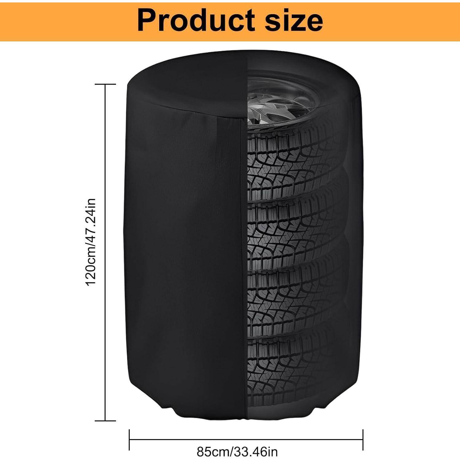 Produktgrößendiagramm, das eine schwarze Reifenabdeckung oder einen Lagerzylinder zeigt, der 120 cm/47,24 Zoll hoch und 85 cm/33,46 Zoll breit ist.