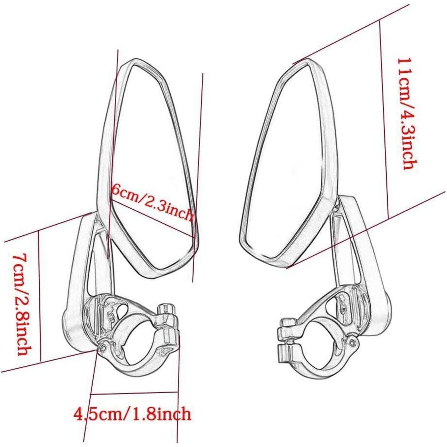 Technische Zeichnung zweier Fahrradvorbau-Rückspiegel mit Abmessungen: 11 cm Höhe, 7 cm Breite, 6 cm Spiegelbreite und 4,5 cm Klemmgröße.