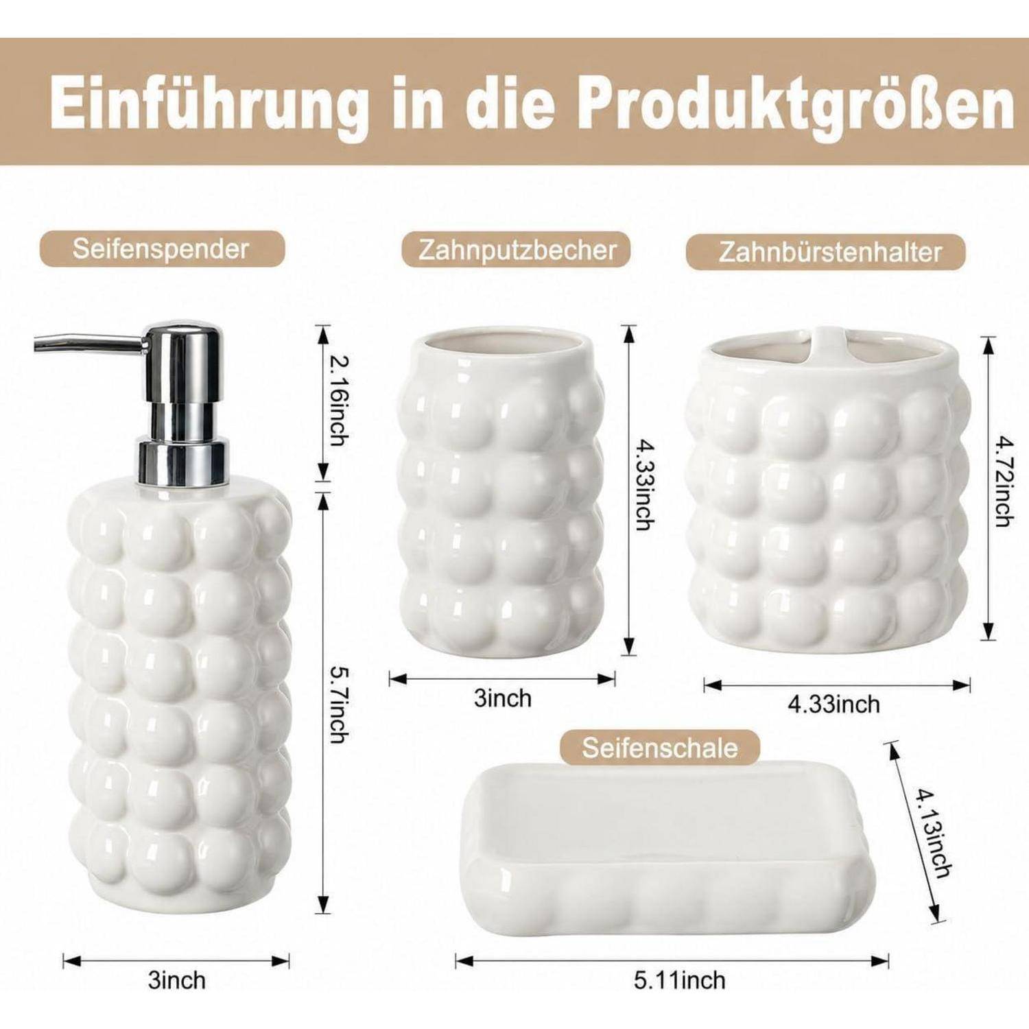 Produktgrößentabelle mit vier weißen, strukturierten Badezimmeraccessoires: Seifenspender, Zahnbürstenbecher, Zahnbürstenhalter und Seifenschale, jeweils mit Zollangaben beschriftet.