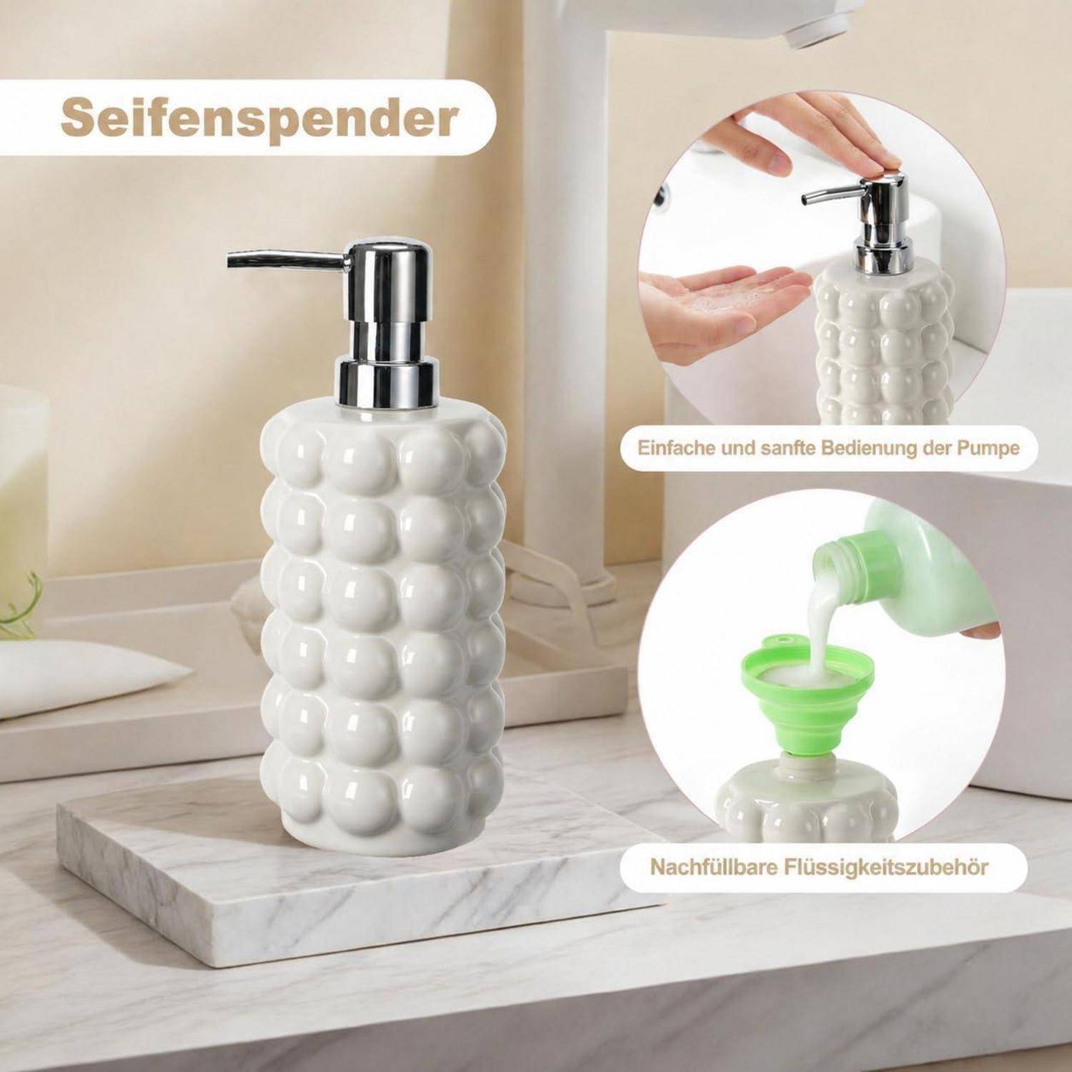 Weißer Seifenspender mit Blasentextur und Chromepumpe; eingefügte Bilder zeigen die einfache Verwendung der Pumpe und den Zugriff auf nachfüllbare Flüssigseife.