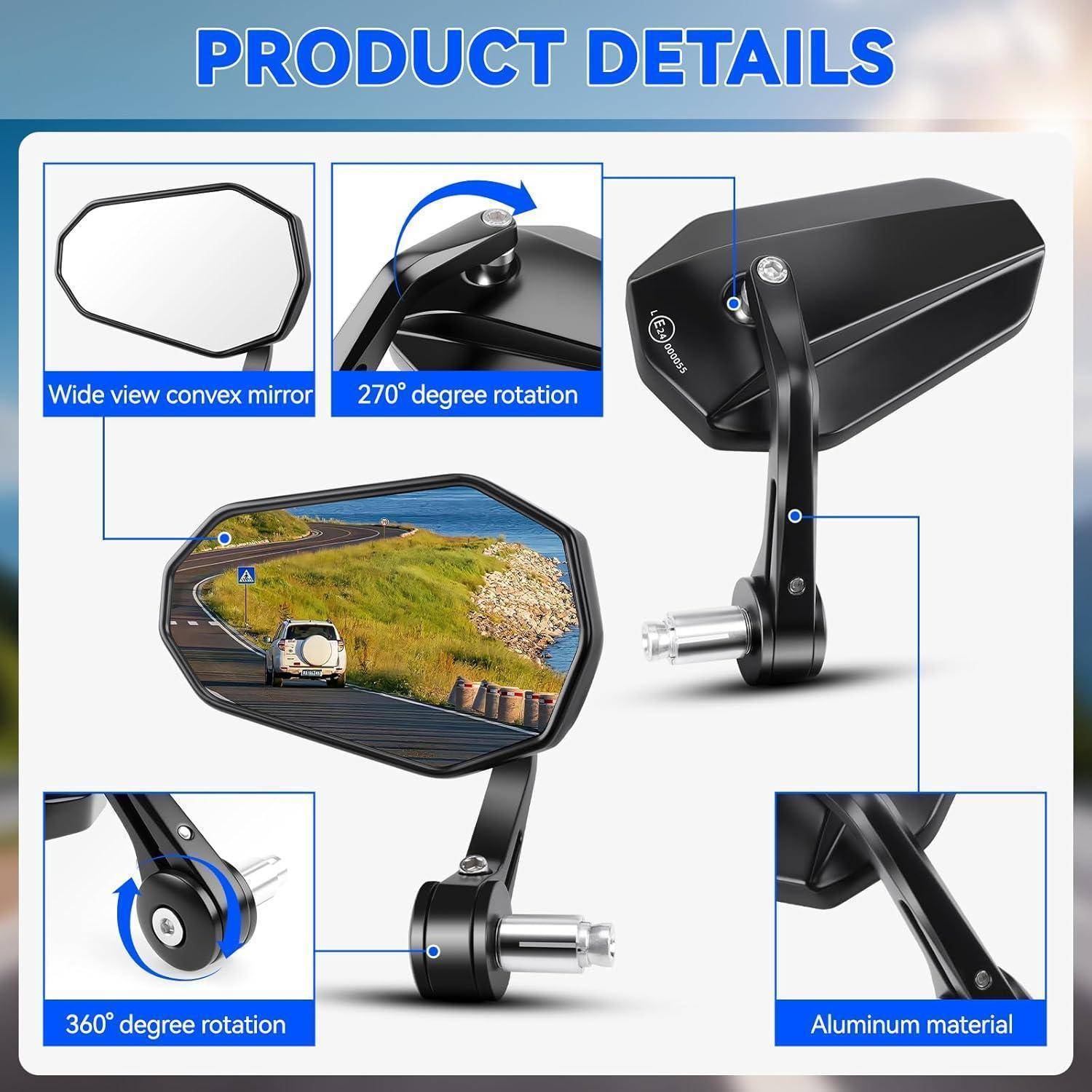 KAOLALI Lenkerendenspiegel Motorrad, Universal Seitenspiegel E-geprüft, 2 Stück Motorrad Spiegel, 360° Drehbarer Lenkerspiegel, Kompatibal für Sco