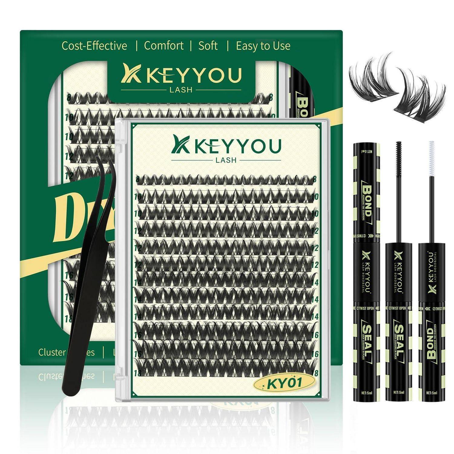 KEYYOU Wimpernbüschel-Wimpernverlängerungs-Set mit Tabletts voller Wimpern, Pinzetten und Bond/Seal-Applikatorröhrchen auf einer grünen Verpackung.