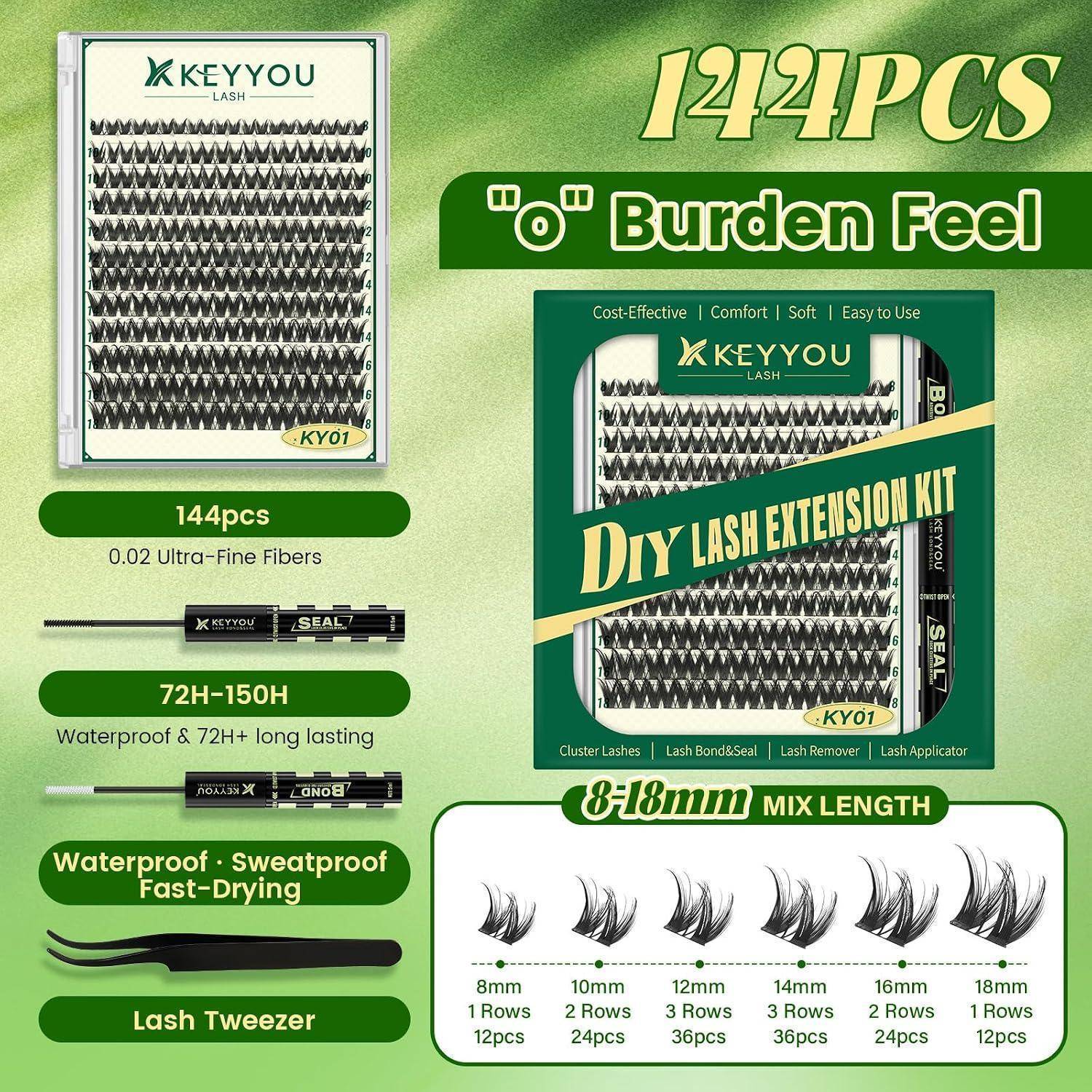 Grünes Produktangebot für KEYYOU DIY Wimpernverlängerungsset mit 144 Stück, 8-18mm gemischte Längen, 72H-150H wasserfestes Tragen und inklusive Wimpernpinzette.