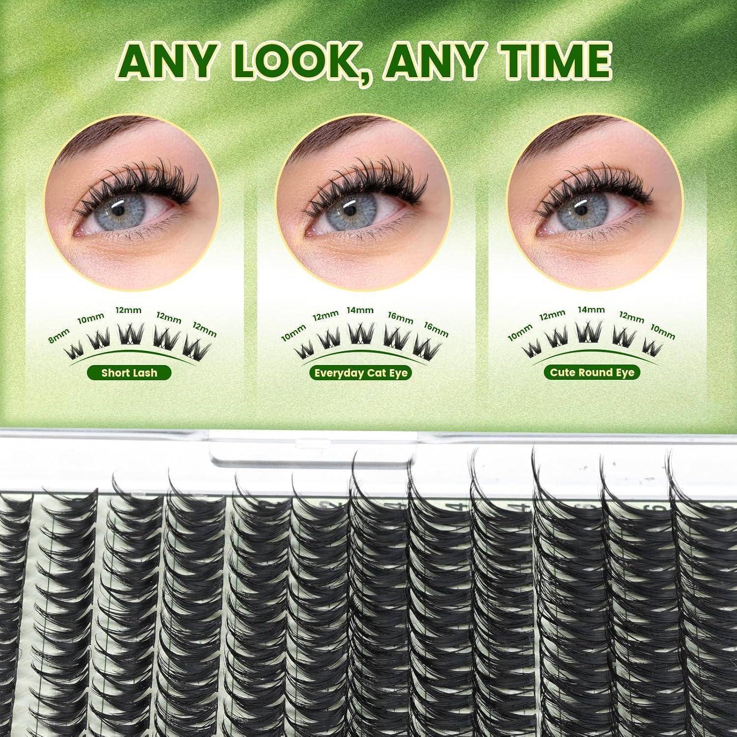 KEYYOU DIY Lash Cluster Kit, D Curl 8-16mm Lashes with Bond and Tweezers | Soft light fiber cluster lashes with glue tweezer easy DIY home lashes