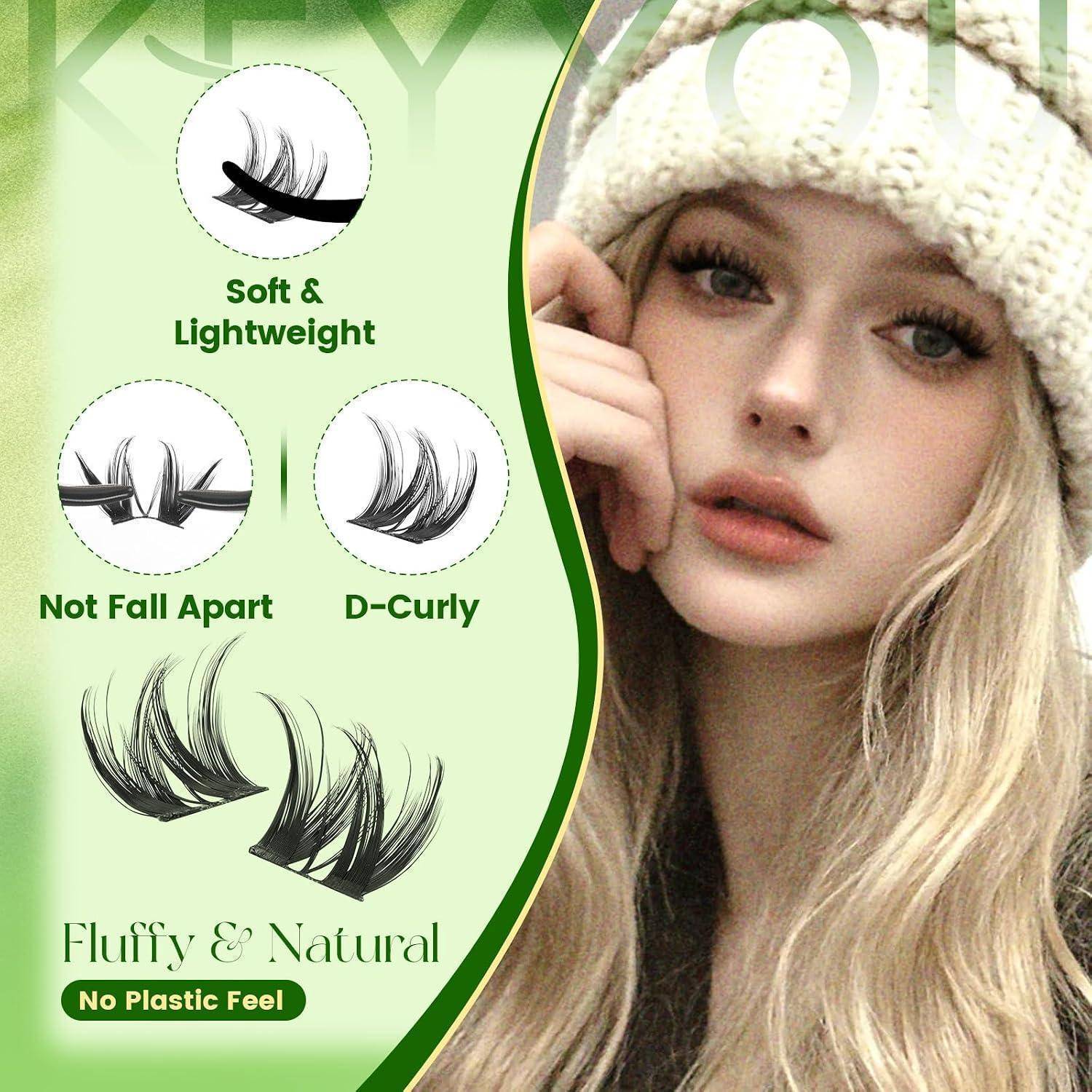Werbebild einer blonden Frau mit weißer Strickmütze und langen falschen Wimpern, mit Text, der 