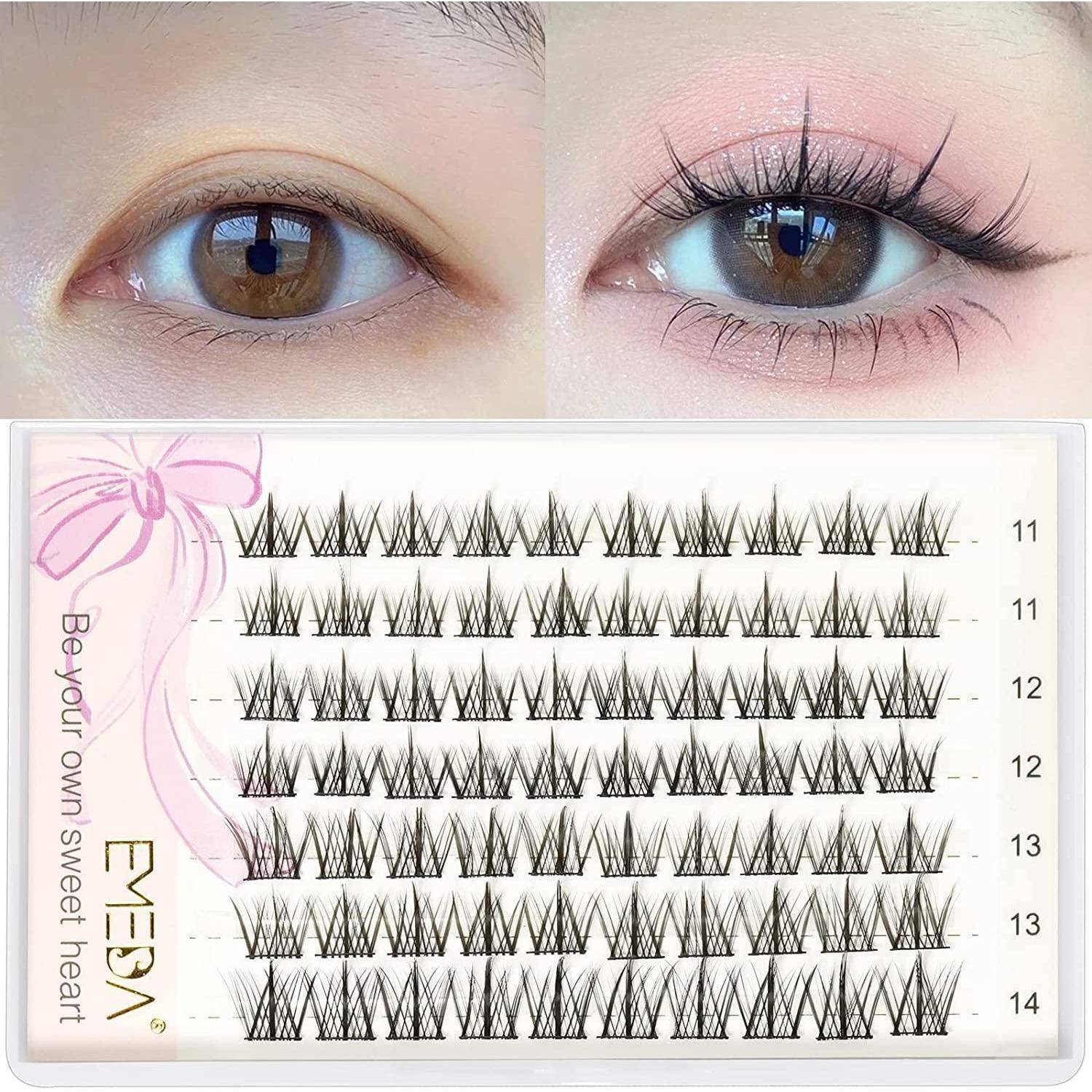 Vorher-und-Nachher-Nahaufnahme eines Auges mit längeren, volleren Wimpern; darunter ist eine Wimpernproduktverpackung mit dramatischen Wimpernbüscheln und dem Text „Be your own sweet heart