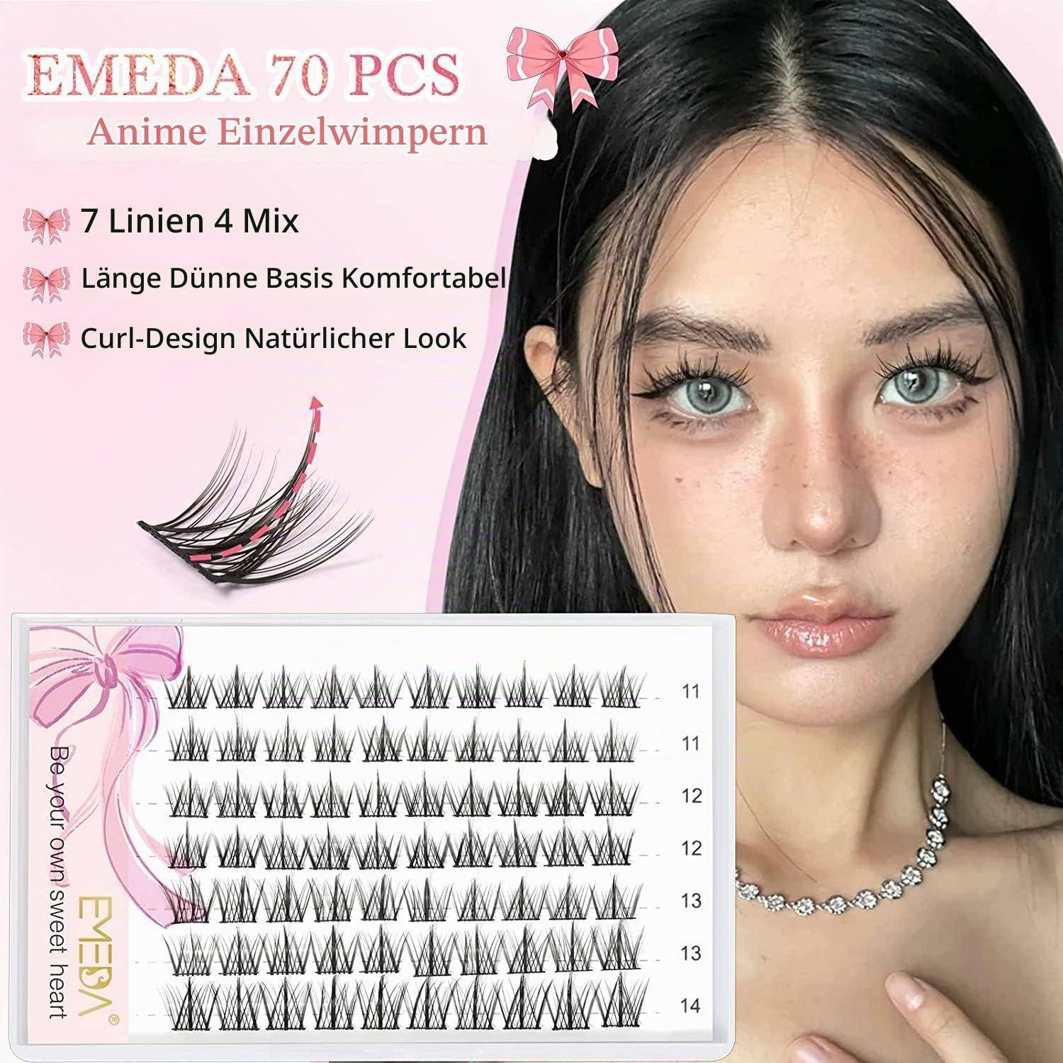 Rosa Anzeige für EMEDA 70er-Satz Anime-Kunstwimpern, zeigt eine Frau mit den Wimpern und eine Packung mit 7 gemischten Stilen für einen natürlichen Curling-Look.