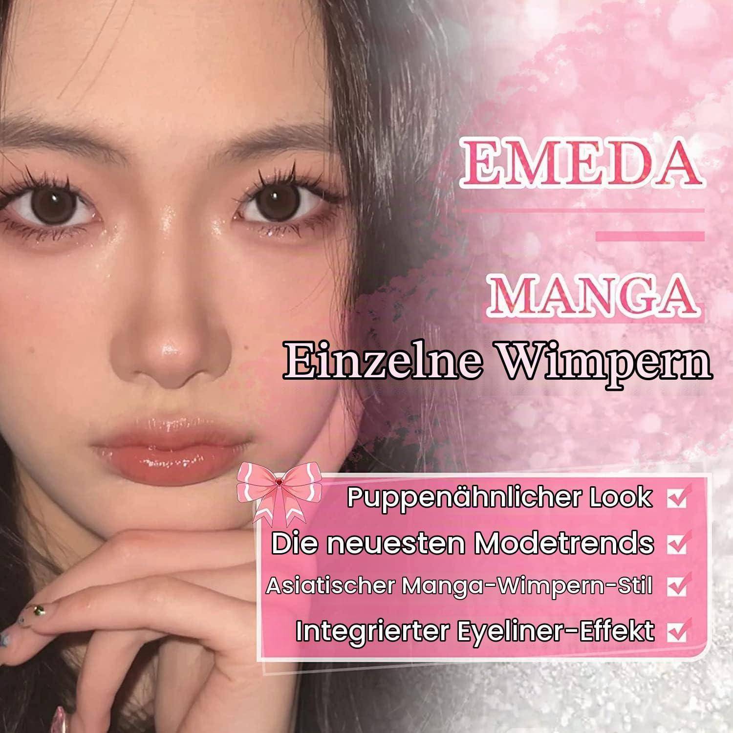 Werbebild einer jungen Frau mit dramatischen Manga-artigen Wimpern; Der Text lautet „EMEDA MANGA