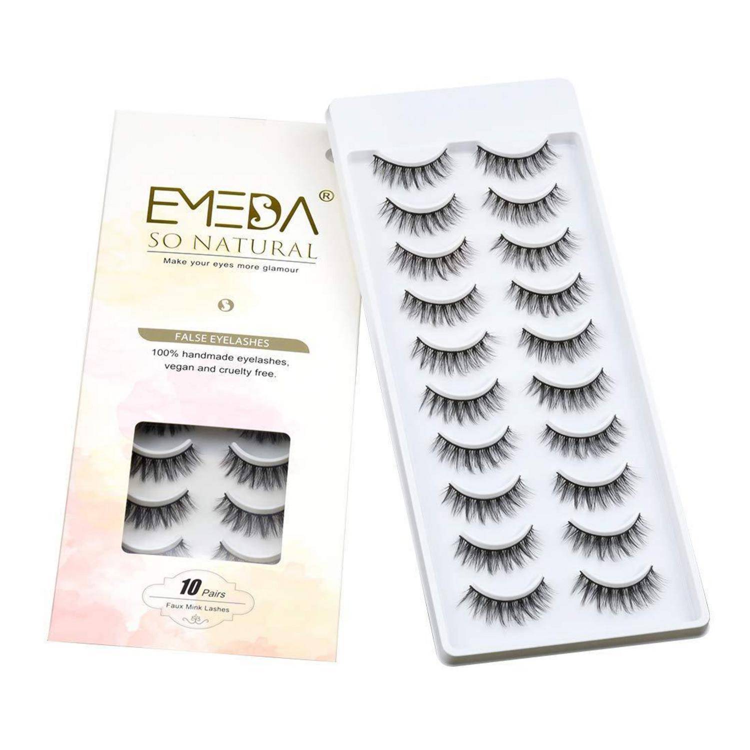 Verpackung für EMEDA So Natural künstliche Wimpern, mit 10 Paaren handgefertigter veganer Wimpern in einem Präsentationstablett und einer Schachtel.