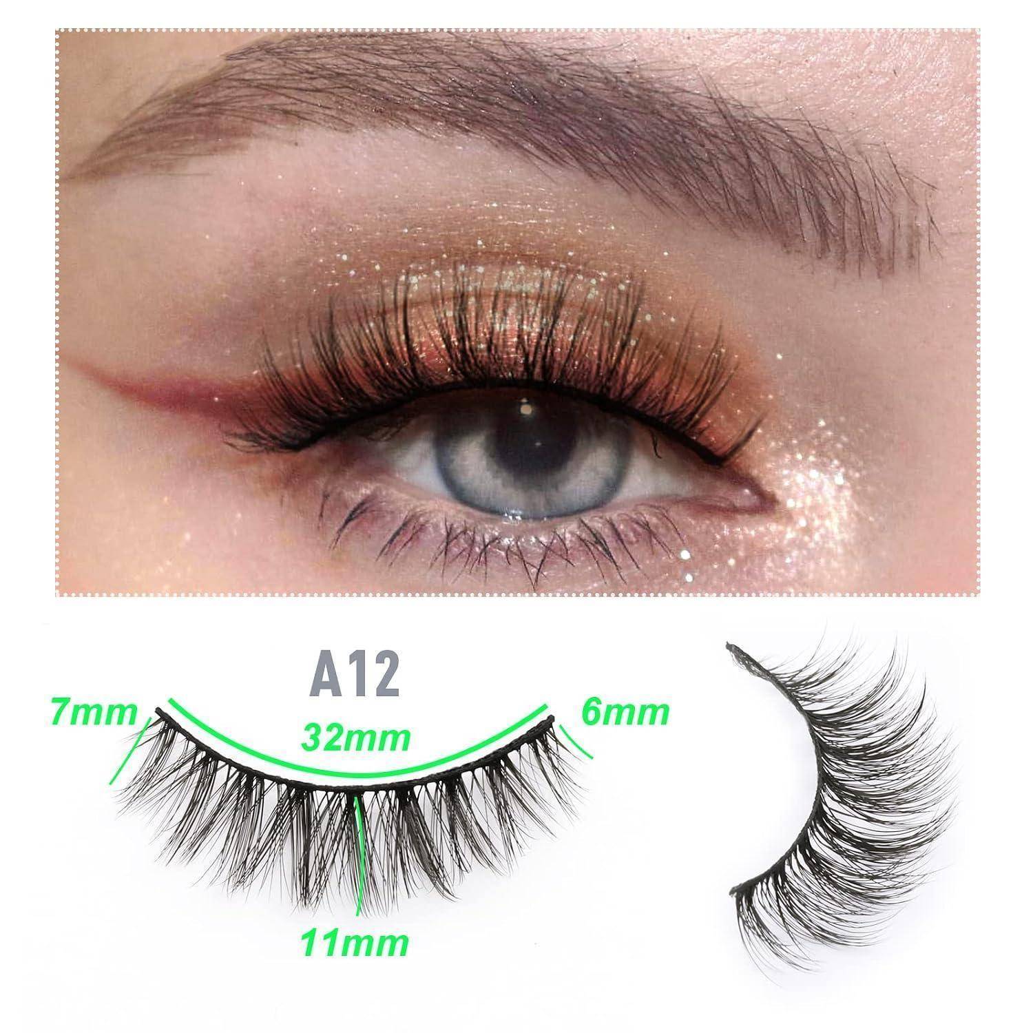 Produktbild eines Wimpernstils mit der Bezeichnung A12, das ein Modell trägt die Wimpern und ein Größendiagramm mit Maßen von 7 mm, 32 mm, 6 mm und 11 mm zeigt.