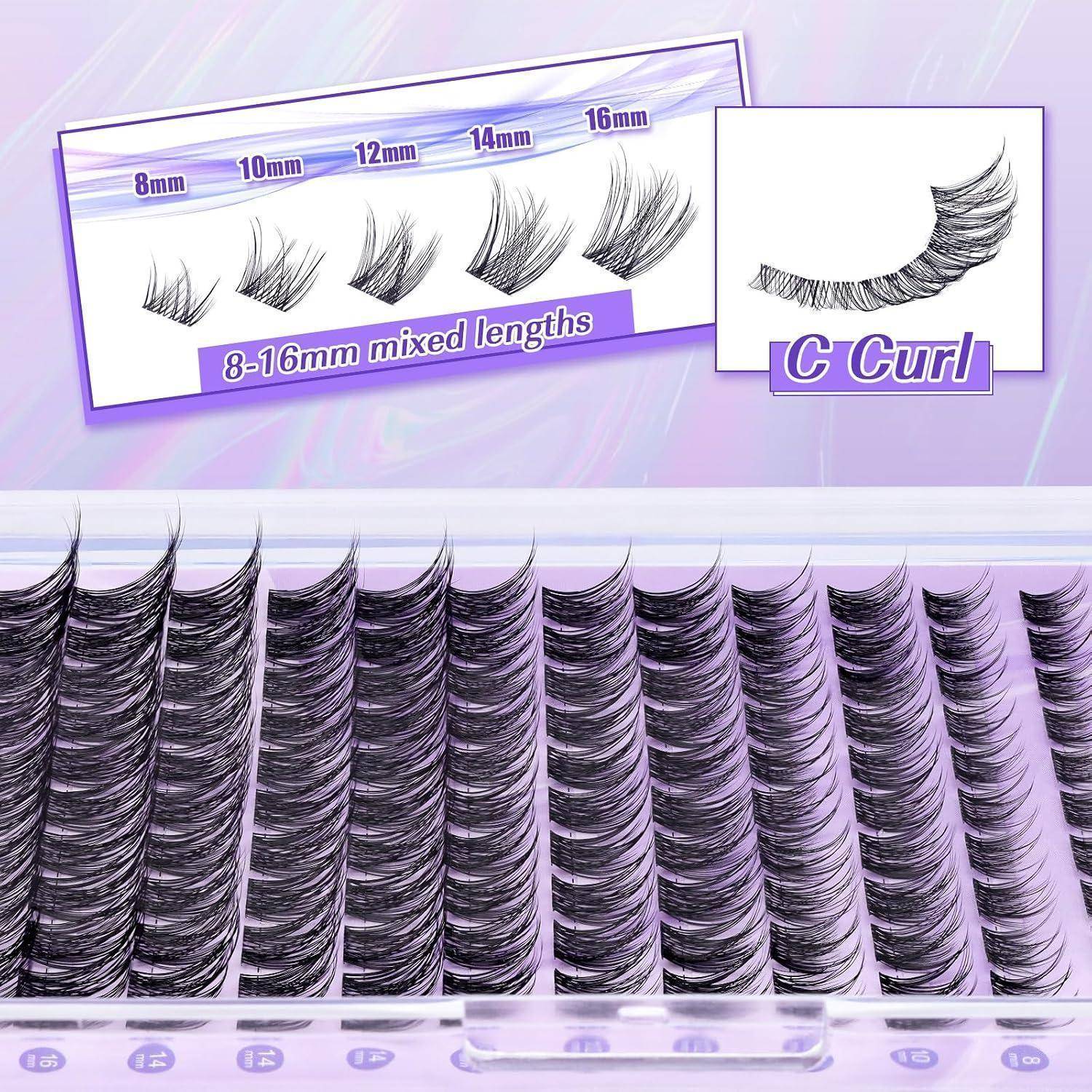 Produktanzeige von falschen Wimpern mit gemischten Längen von 8-16 mm und C-Curl-Stilen in Reihen angeordnet.