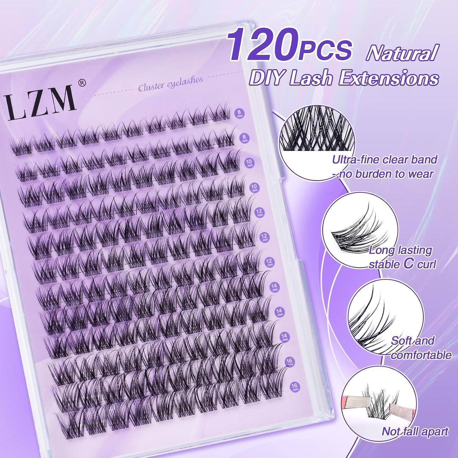 LZM 120er Packung natürlicher DIY-Wimpernverlängerungen mit gebündelten künstlichen Wimpern und Funktionshinweisen: durchsichtiges Band, C-Curl, weich und komfortabel, zerfallen nicht.