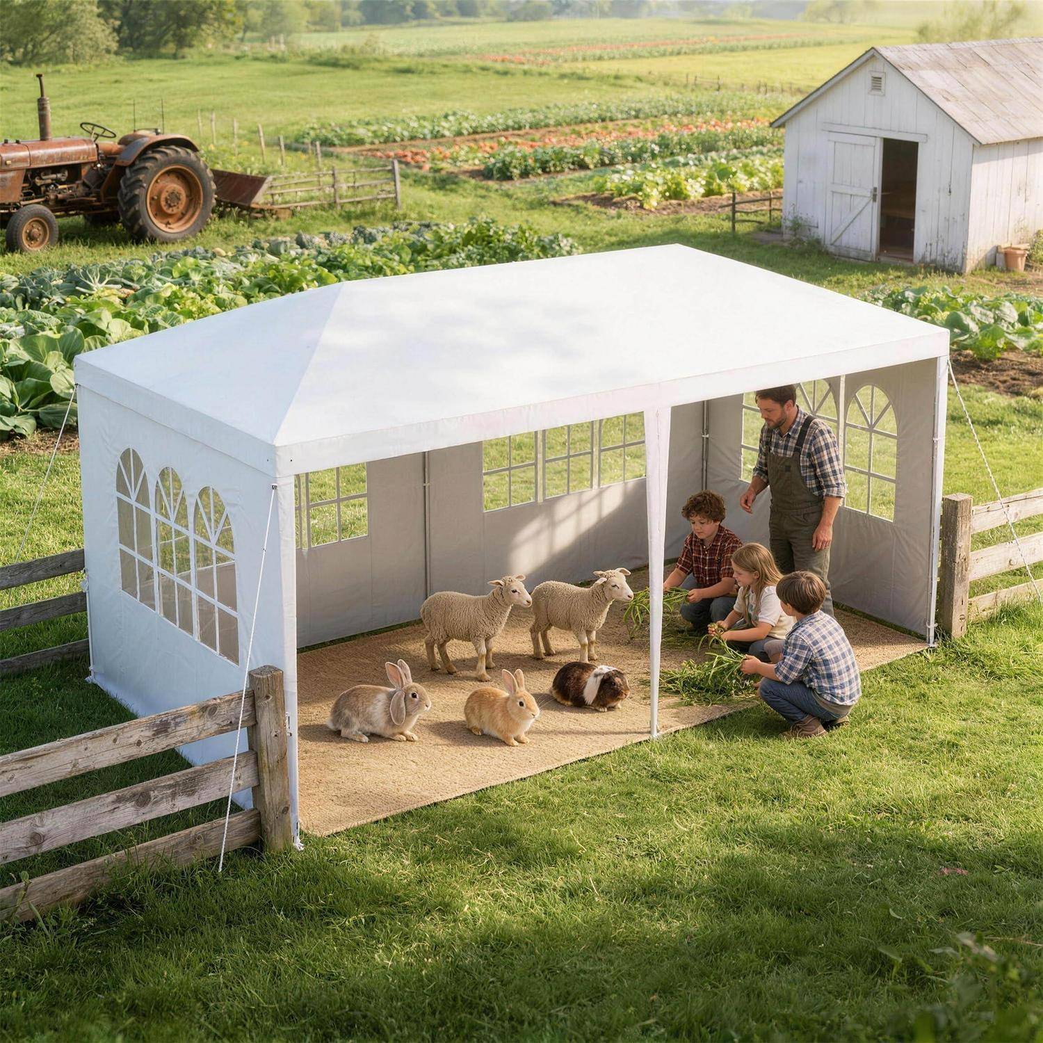 Familie kümmert sich um Kaninchen in einem weißen Außengehege auf einem Bauernhof, mit Feldern, Scheune und Traktor im Hintergrund.