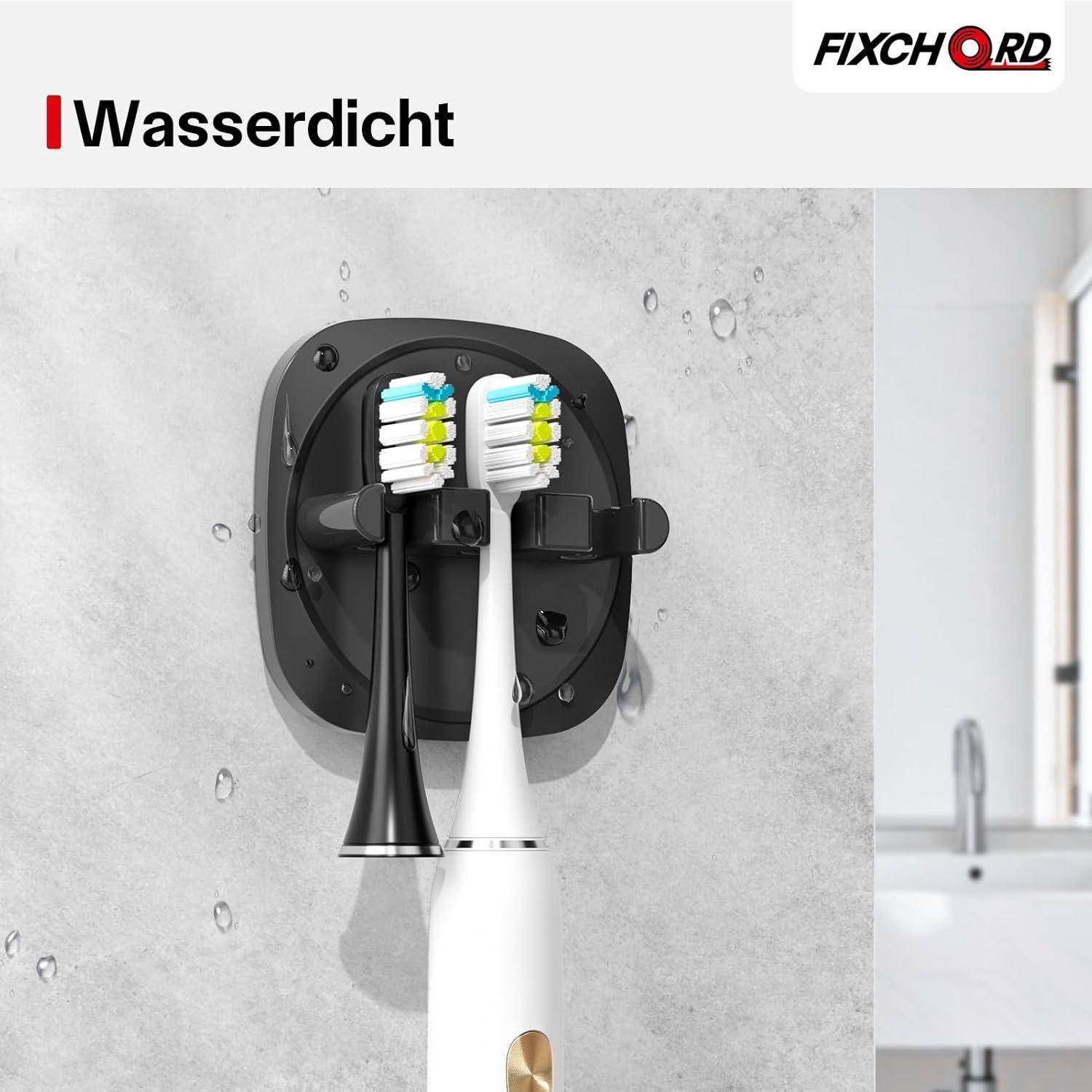 Schwarzer wasserdichter wandmontierter Halter mit zwei elektrischen Zahnbürsten unter der Überschrift „Wasserdicht