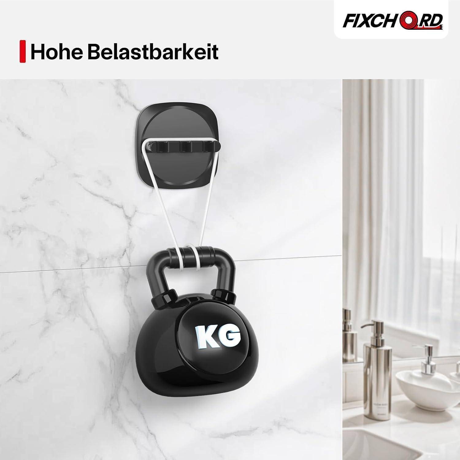 Schwarzer wandmontierter Trainings-Haken hält eine Kettlebell; deutscher Text besagt „Hohe Belastbarkeit