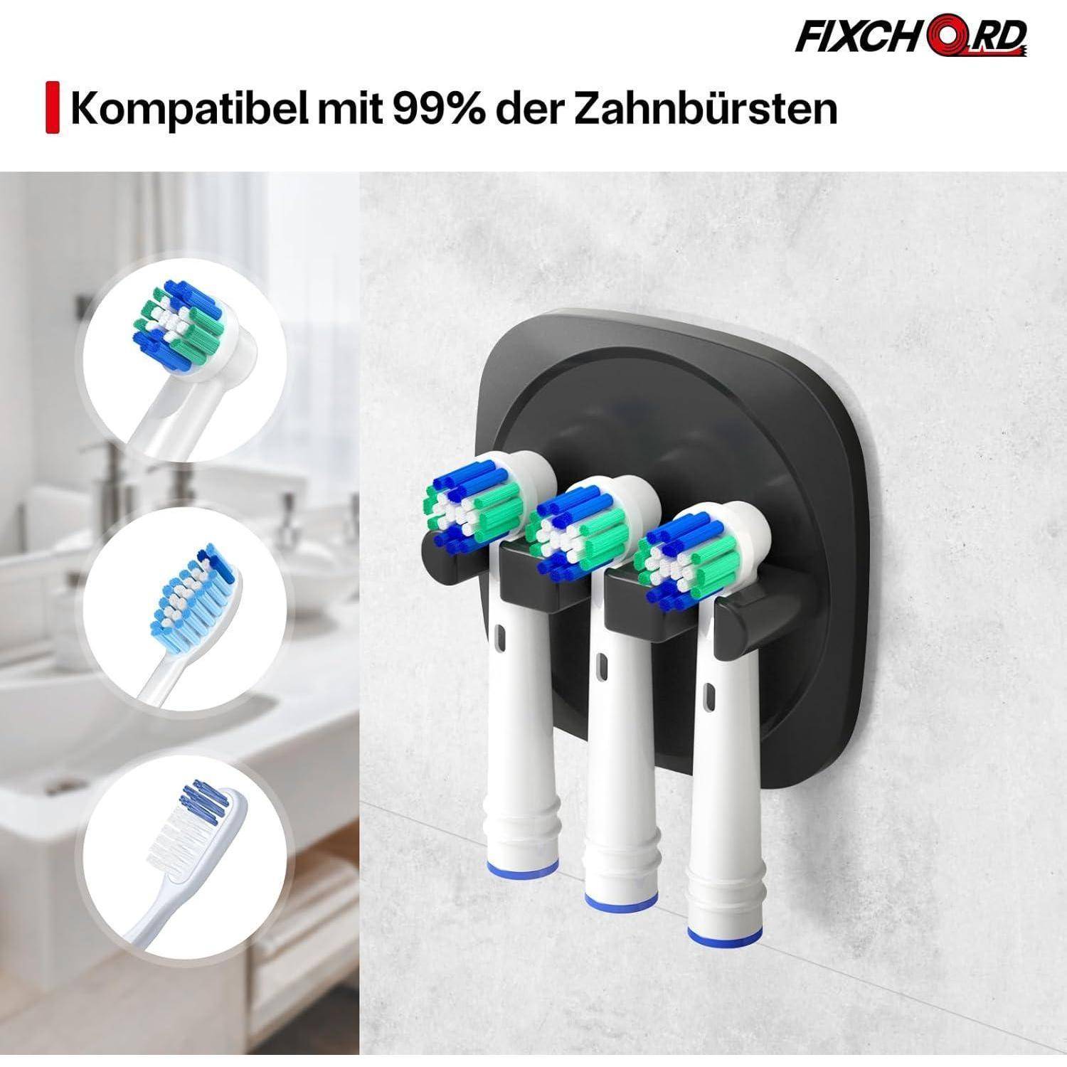 Wandhaftender Zahnbürstenhalter mit drei Zahnbürsten; Text sagt „Kompatibel mit 99% der Zahnbürsten