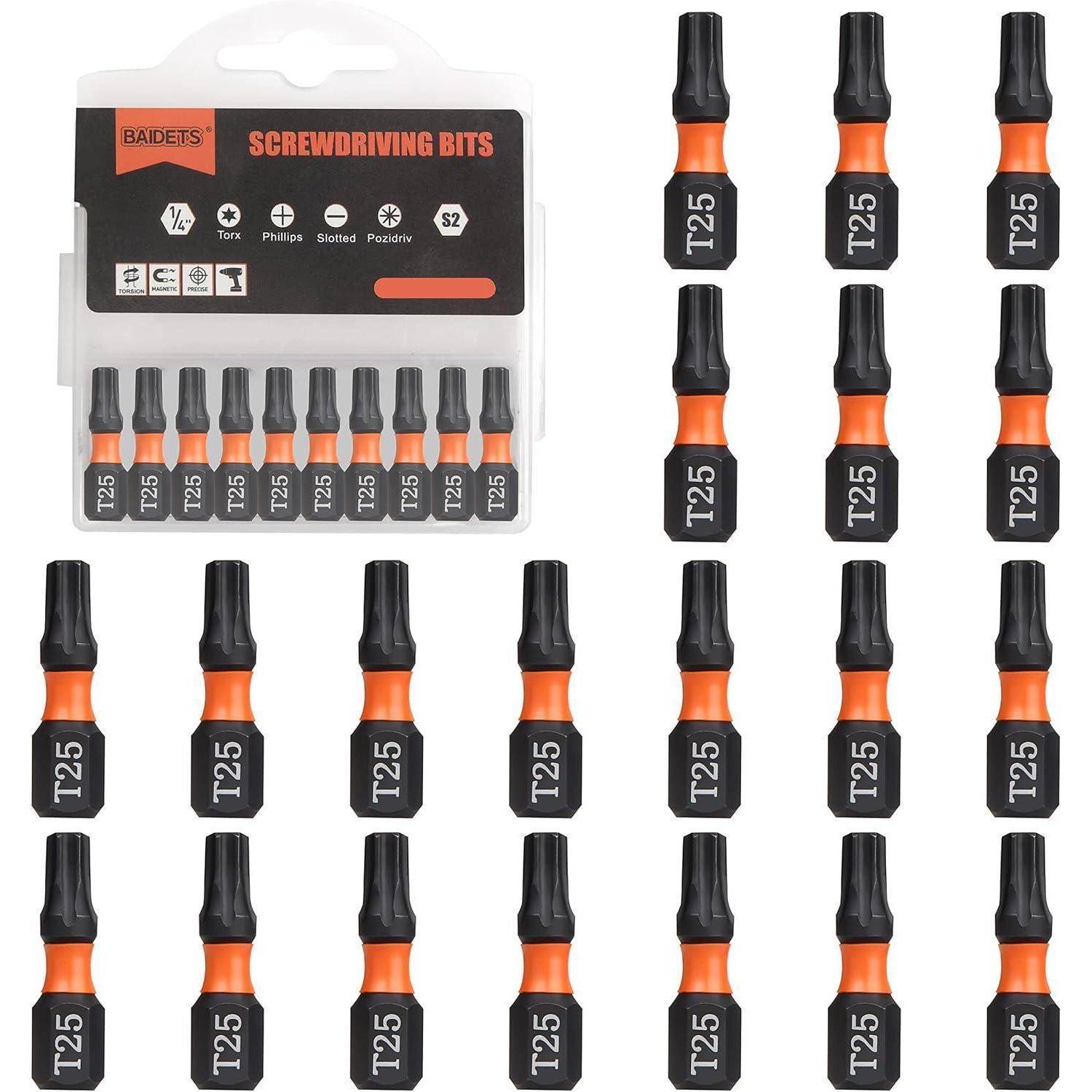 Produktbild von 20 T25-Schraubendreher-Bits in orange-schwarzen Haltern, mit Verpackung mit der Beschriftung „SCREWDRIVING BITS