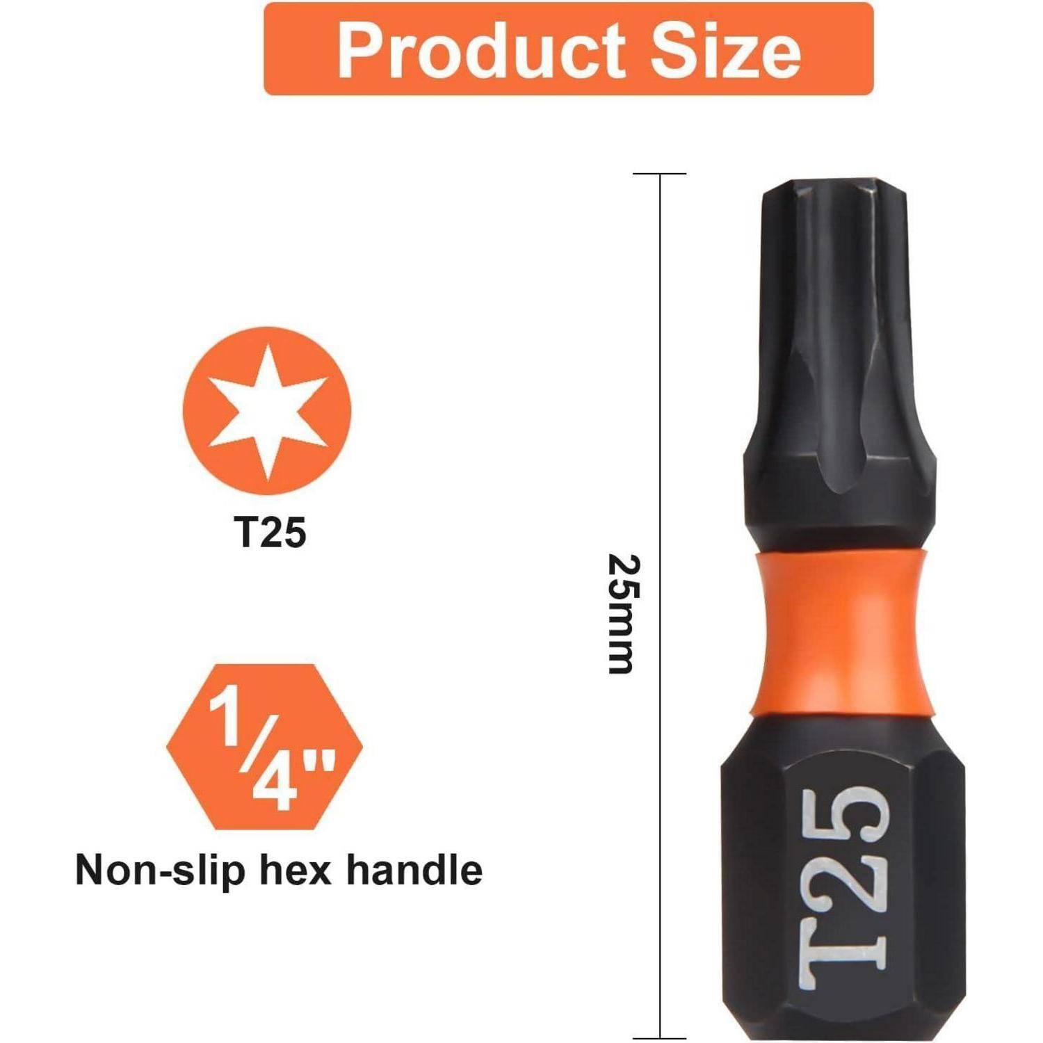 Produktgrößendiagramm eines T25-Bits mit 25 mm Länge und einem rutschfesten 1/4-Zoll-Sechskantgriff.