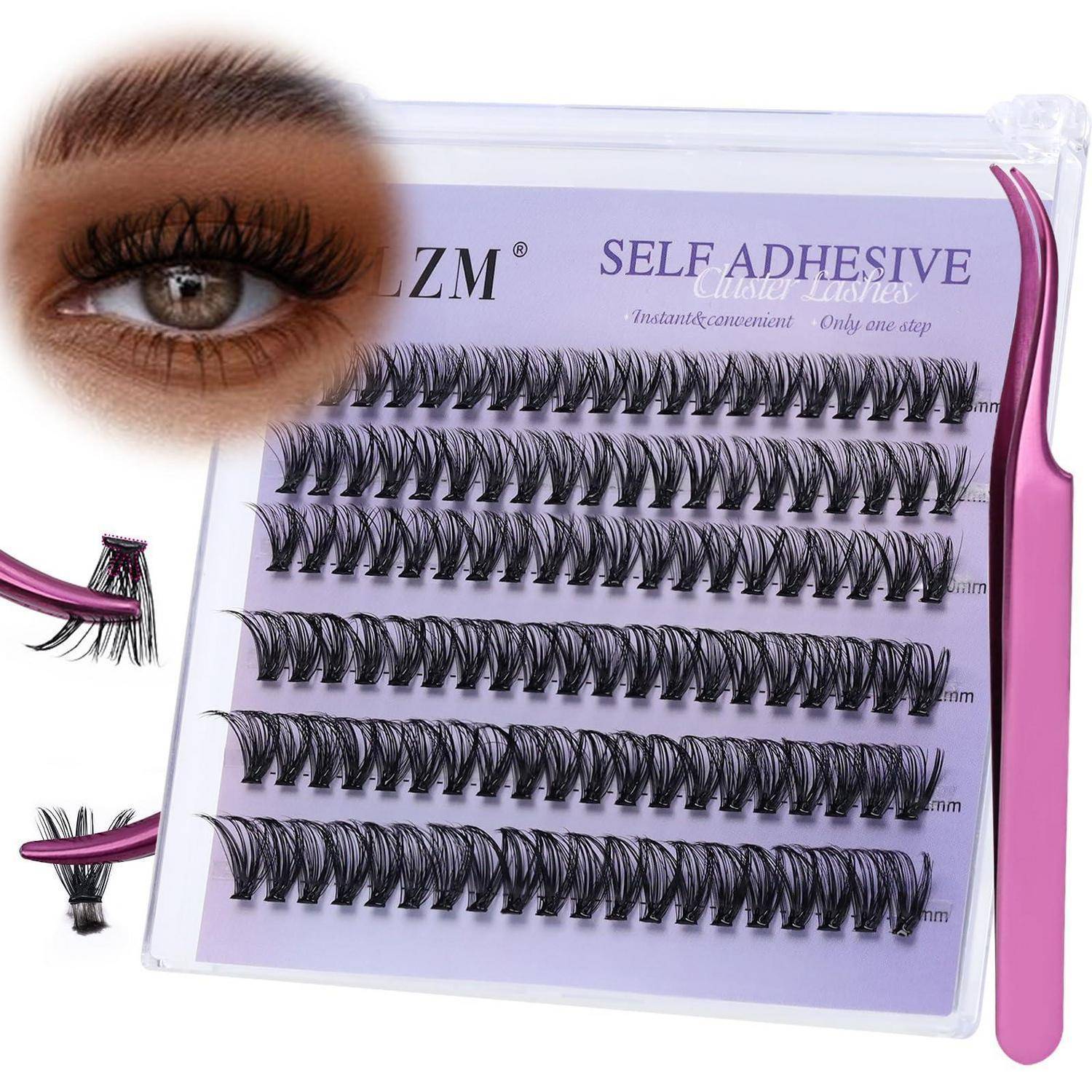 Selbstklebendes Wimpernset mit mehreren Wimpernstreifen, Applikator-Werkzeug und Nahaufnahme des Auges mit angebrachten Wimpern.