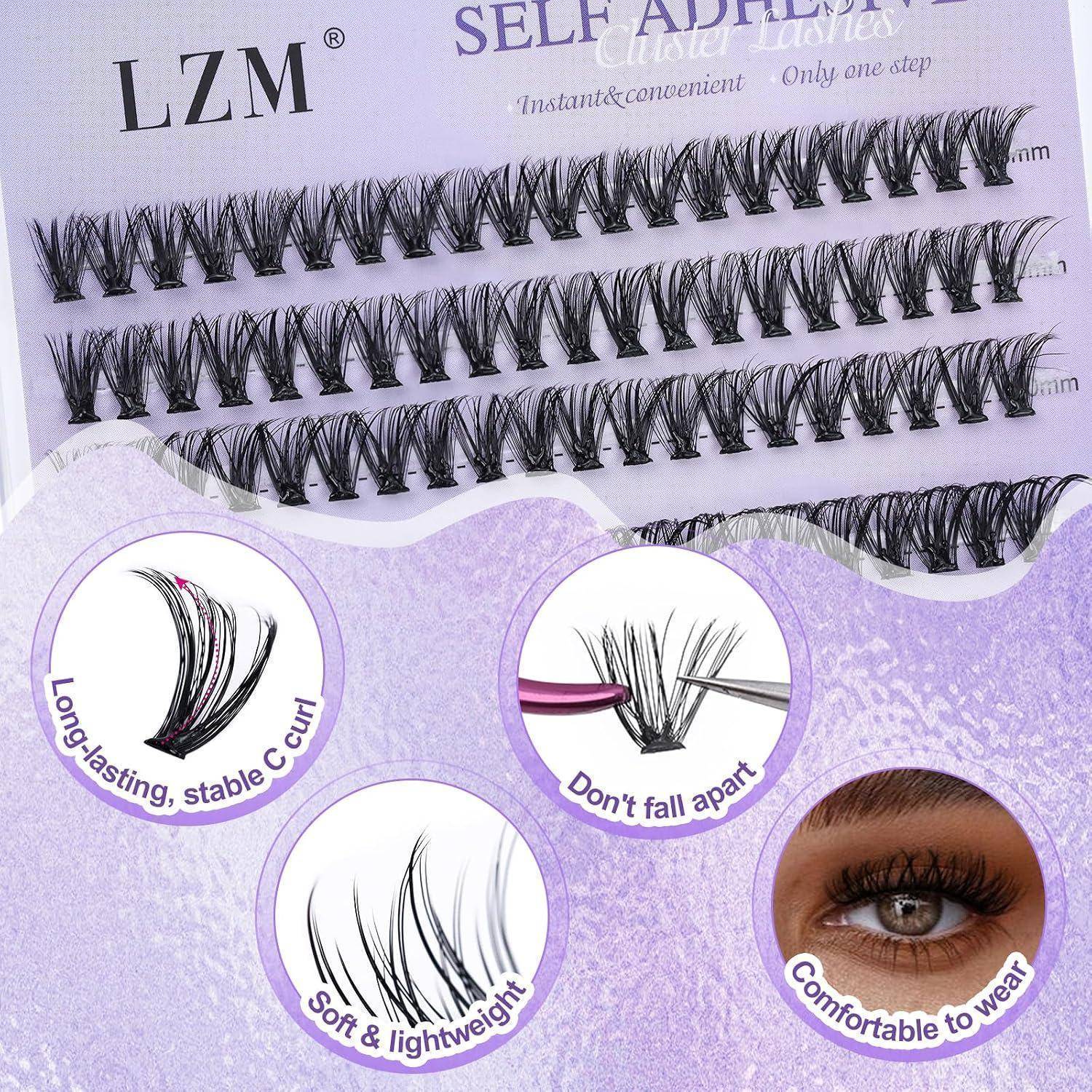 Paket mit selbstklebenden falschen Wimpern von LZM mit mehreren Wimpernstreifen und kreisförmigen Beschriftungen für Lockung, Haltbarkeit, Weichheit und Komfort.
