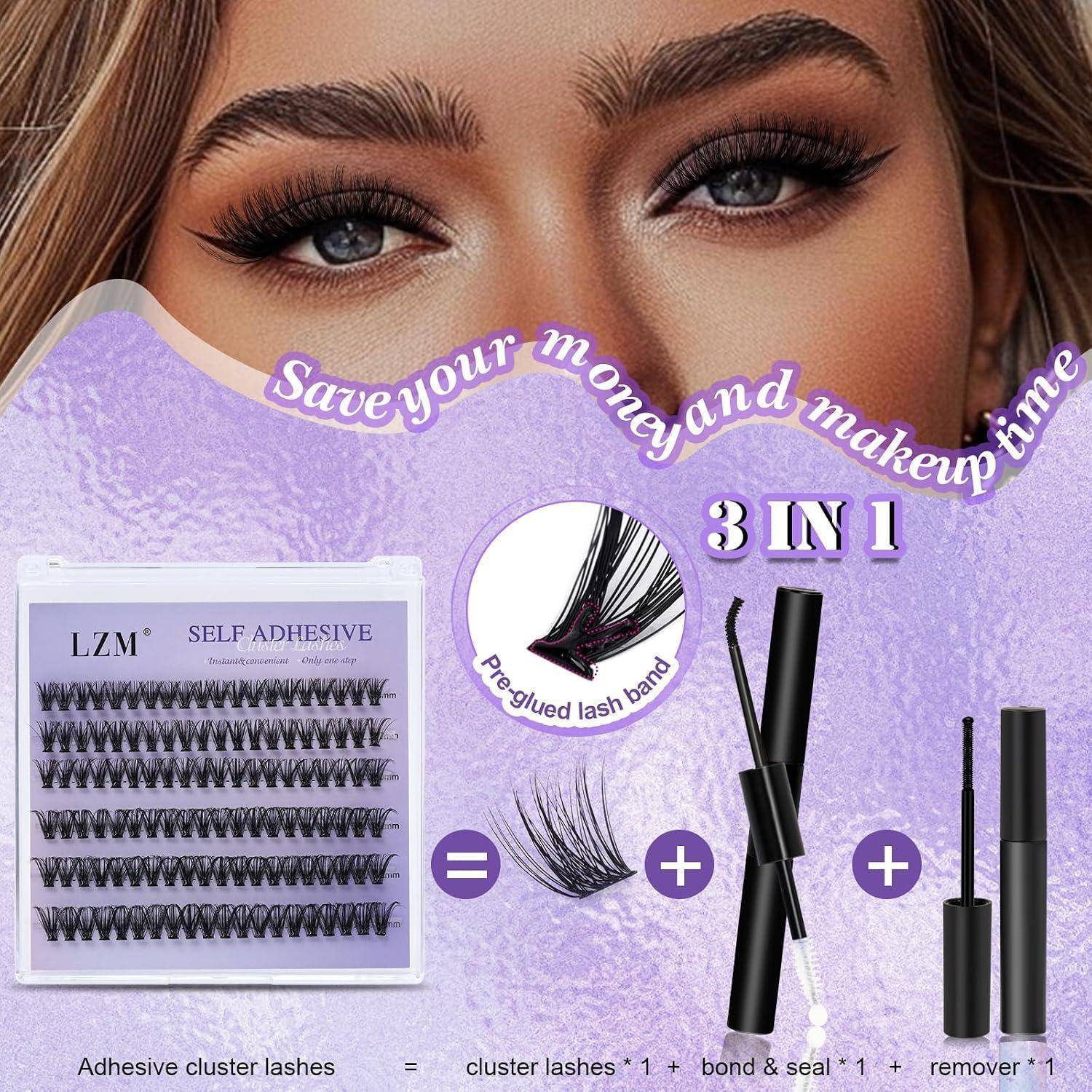 Werbegrafik für selbstklebende Cluster-Wimpern von LZM, zeigt Wimpern-Tablett, Applikator-Tools und Text „Sparen Sie Geld und Make-up-Zeit