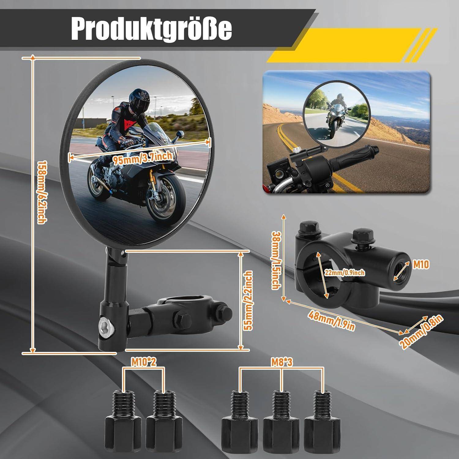 Produktgrößendiagramm für einen Motorradkörper mit Angaben zum Spiegeldurchmesser und Armmessungen sowie M10 und M8 Befestigungsschrauben.