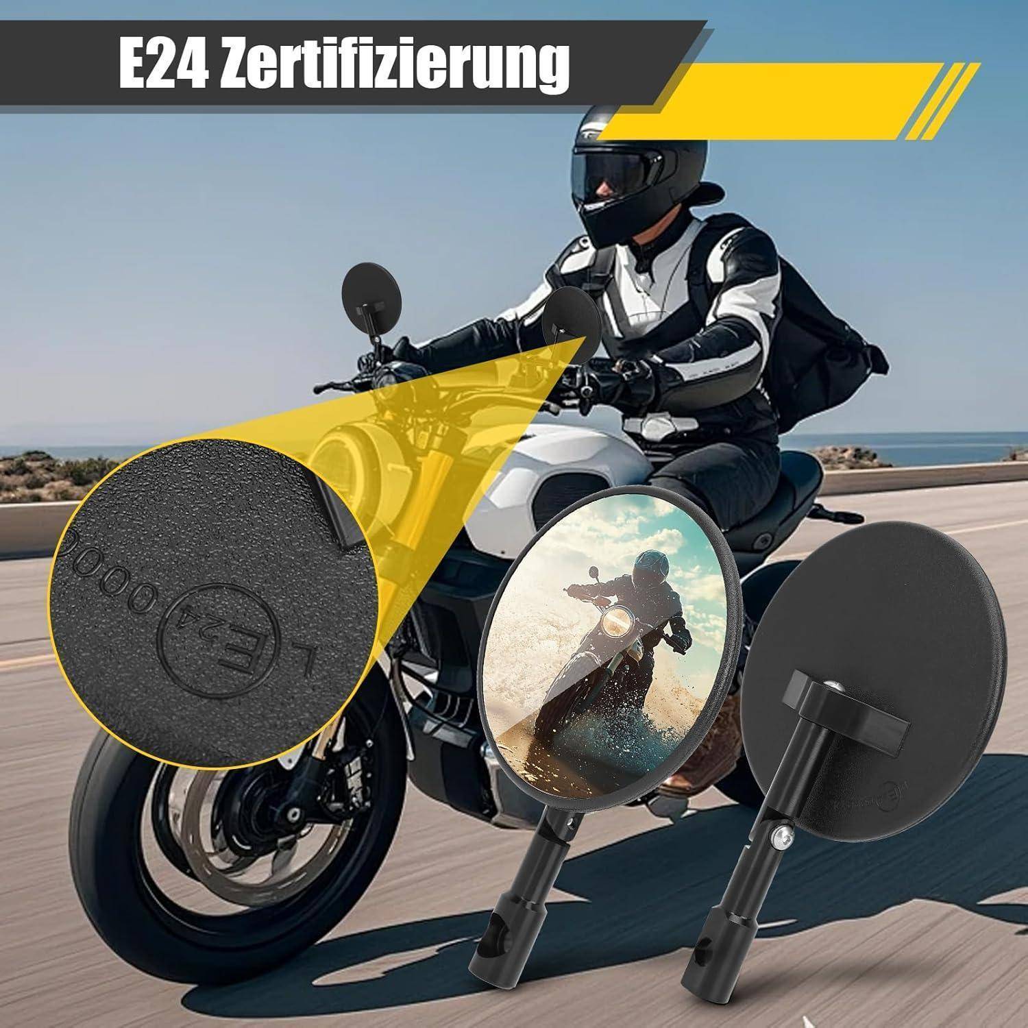 Motorradfahrer, der auf einer Straße fährt, mit Bildunterschriften, die ein E24-Zertifizierungszeichen auf einem Motorradmotorrad-Spiegel oder einer Linse hervorheben.