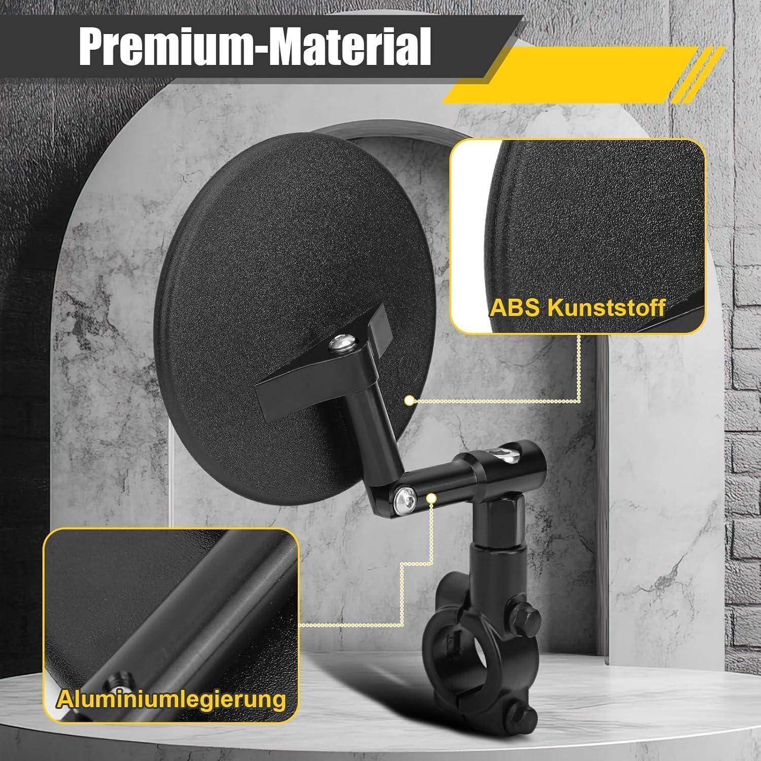 Premium-Material-Produktbild eines schwarzen verstellbaren Befestigungsarms mit rundem Pad, mit den Bezeichnungen 
