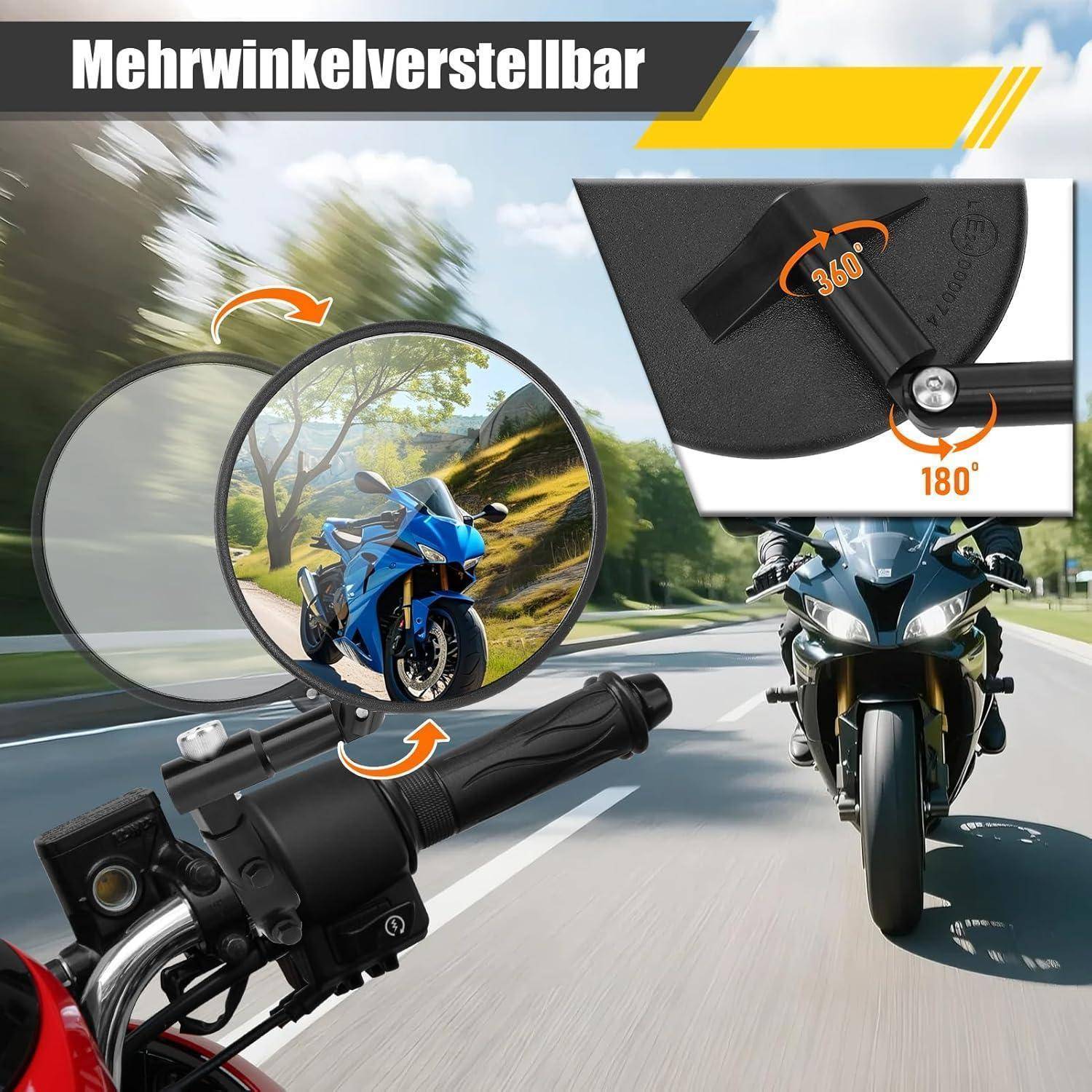 Motorrad-Lenkerrspiegel mit verstellbarem, drehbarem Sichtbereich; Ausschnitt zeigt 360°-Drehung und 180°-Neigung, beschriftet mit „Mehrwinkelverstellbar