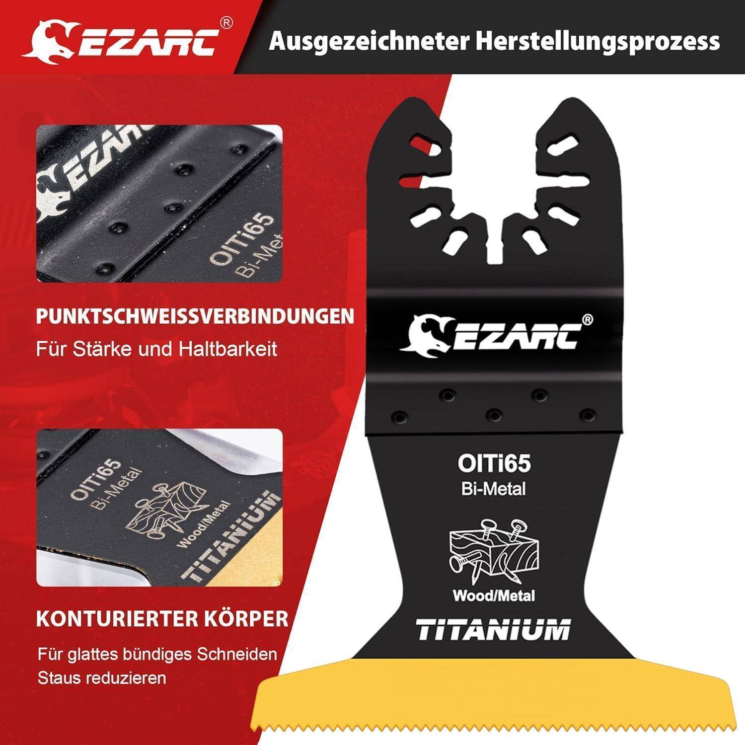 Werbegrafik für das EZARC OITi65 Bi-Metall-Titan-Oszillierblatt, zeigt Schweißnähte, konturierter Körper und Anspruch zum Schneiden von Holz/Metall.