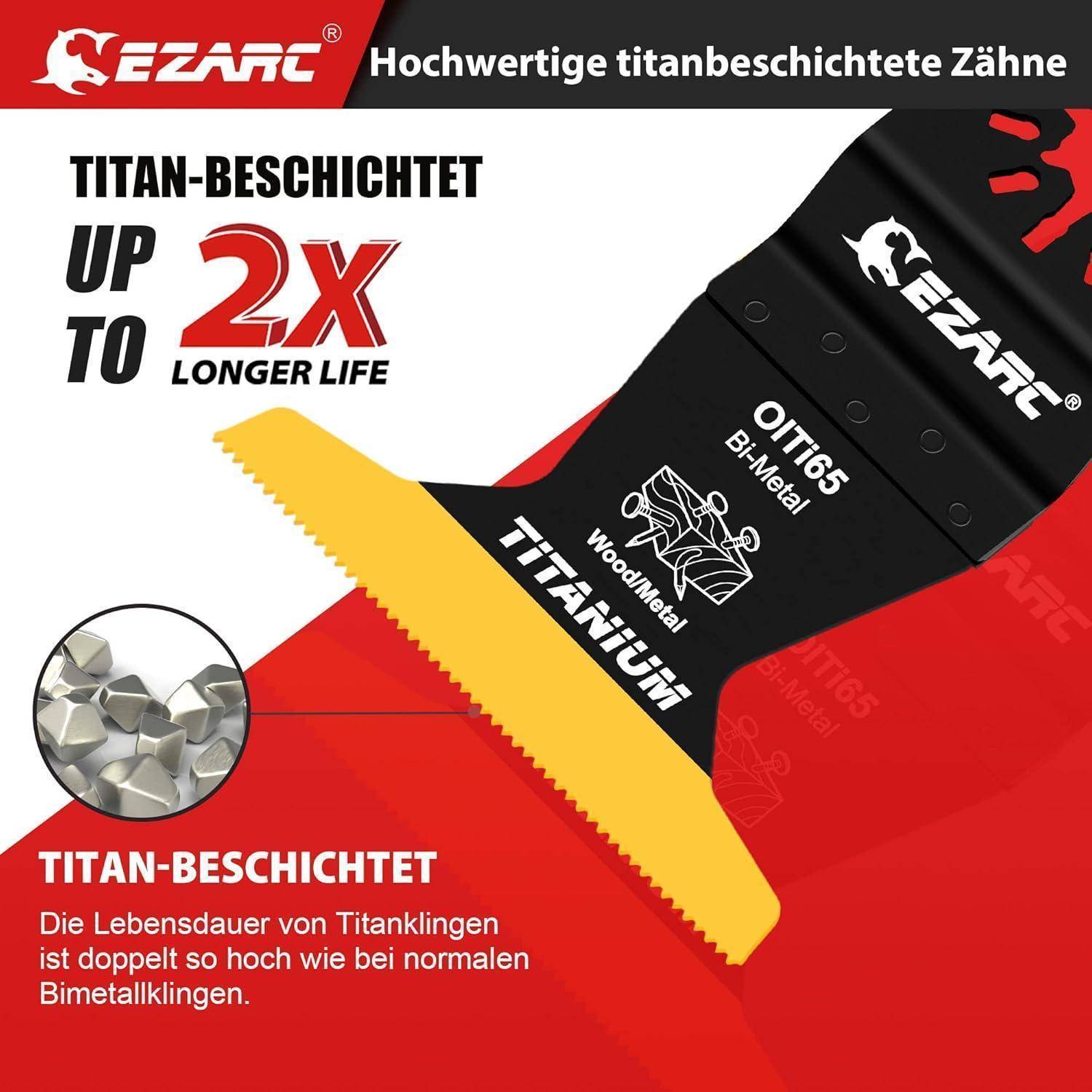 EZARC Titan-beschichtete Bimetall-Sägeblatt für Holz/Metall-Anzeige, die eine bis zu 2x längere Lebensdauer und doppelte Lebensspanne im Vergleich zu normalen Bimetall-Blättern angibt.