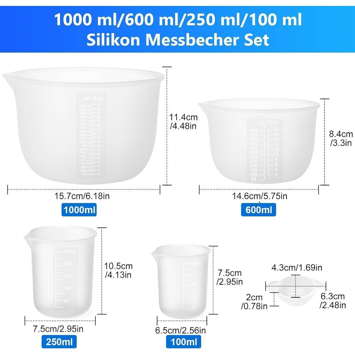 Vergleichstabelle von vier durchsichtigen Silikonmessbechern mit den Bezeichnungen 1000 ml, 600 ml, 250 ml und 100 ml, deren Abmessungen dargestellt sind.