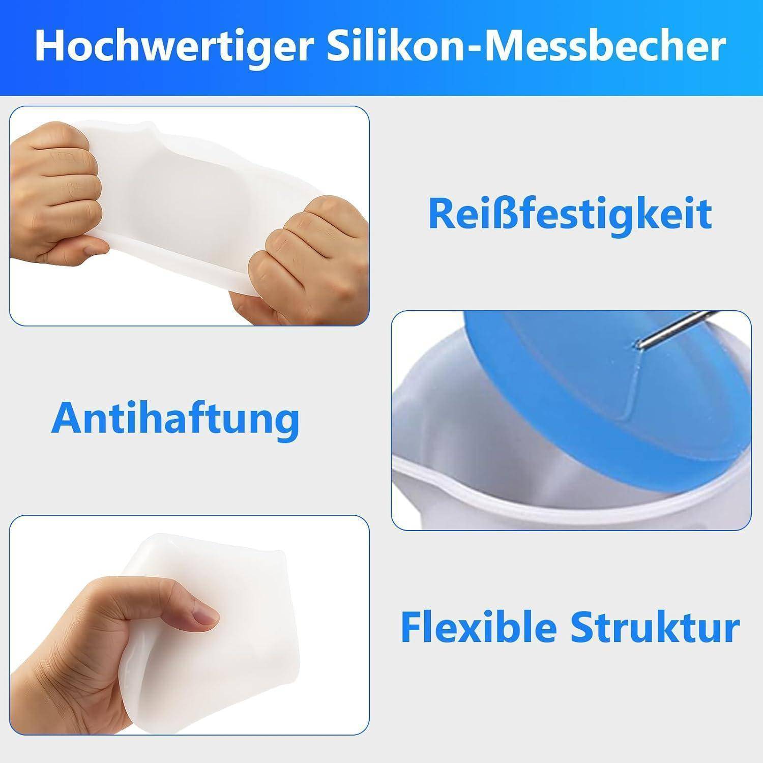 Grafik für einen hochweisen Silikon-Messbecher mit drei gekennzeichneten Merkmalen: "Reißfestigkeit"", ""Antihaftung"" und ""Flexible Struktur"", dargestellt mit Händen, die eine Silikonschale dehnen, und einer Nahaufnahme seiner Tülle.