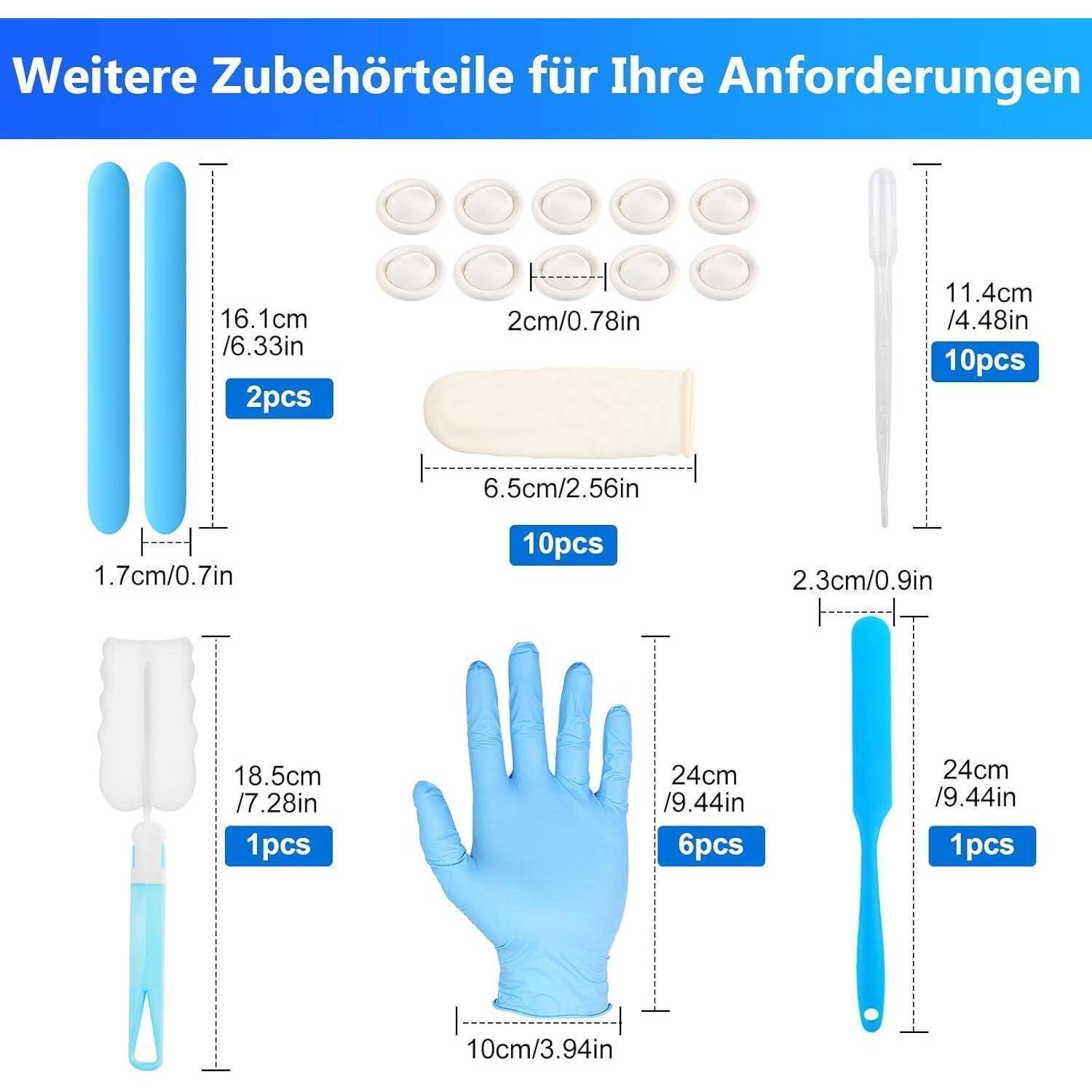 Ein Produktzubehördiagramm mit den enthaltenen Artikeln und Größen: zwei blaue Stäbe, Klebepads, ein weißes Band, ein Tupfer, ein Handschuh und ein blaues Werkzeug, jeweils gekennzeichnet mit Abmessungen und Mengen.