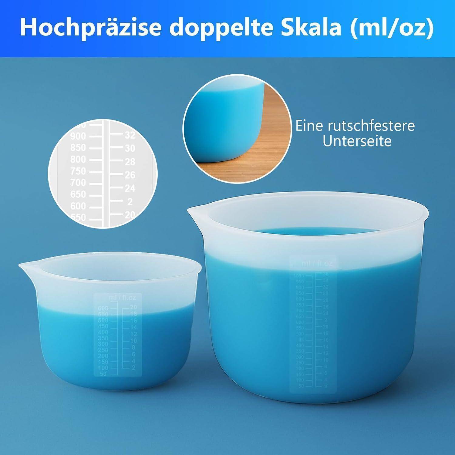 Werbeanzeige für Messbecherbecher mit doppelter Skala in ml und oz, zeigt rutschfeste Basis und zwei Bechergröße gefüllt mit blauer Flüssigkeit.