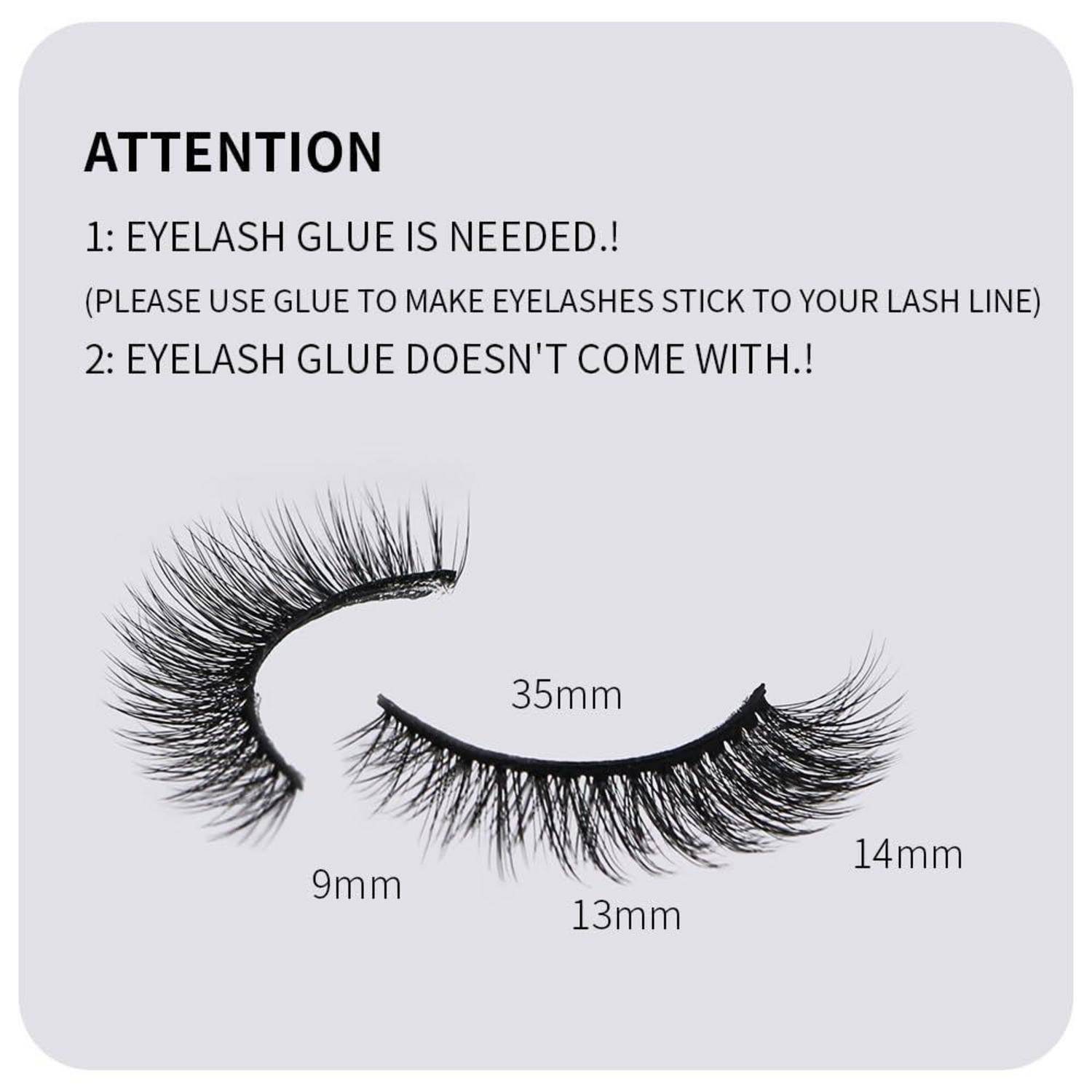Anleitung für künstliche Wimpern: besagt, dass Wimpernkleber erforderlich ist und nicht enthalten ist; Wimpernlängen werden als 35 mm, 14 mm, 13 mm und 9 mm angegeben.