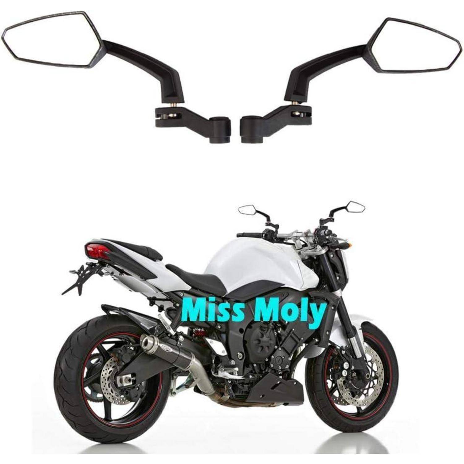 Motorradaussenspiegel, die über einem Schwarzweiß-Sportmotorrad mit dem Text „Miss Moly