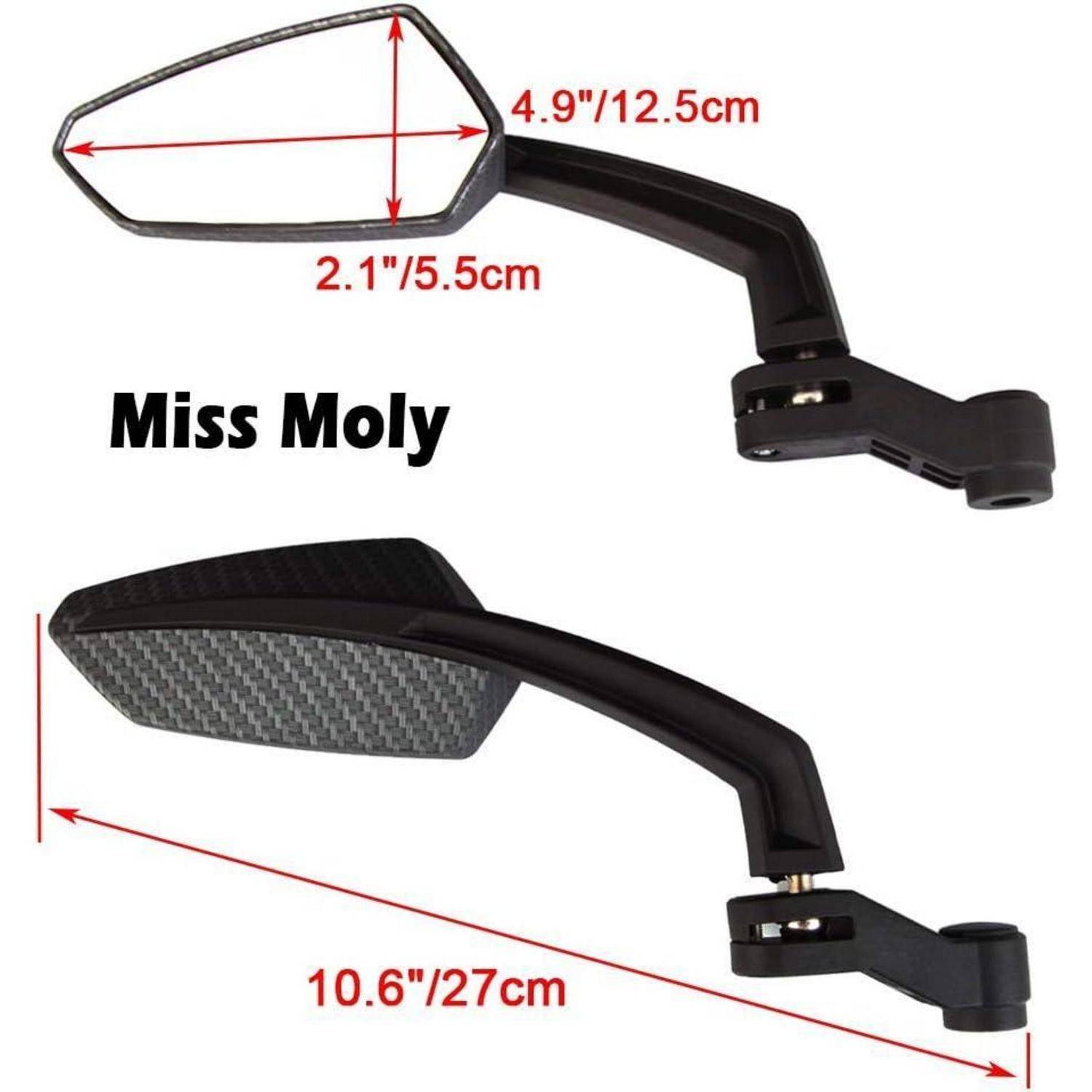 Produktbild eines schwarzen Motorrad-Seitenspiegels mit der Bezeichnung „Miss Moly