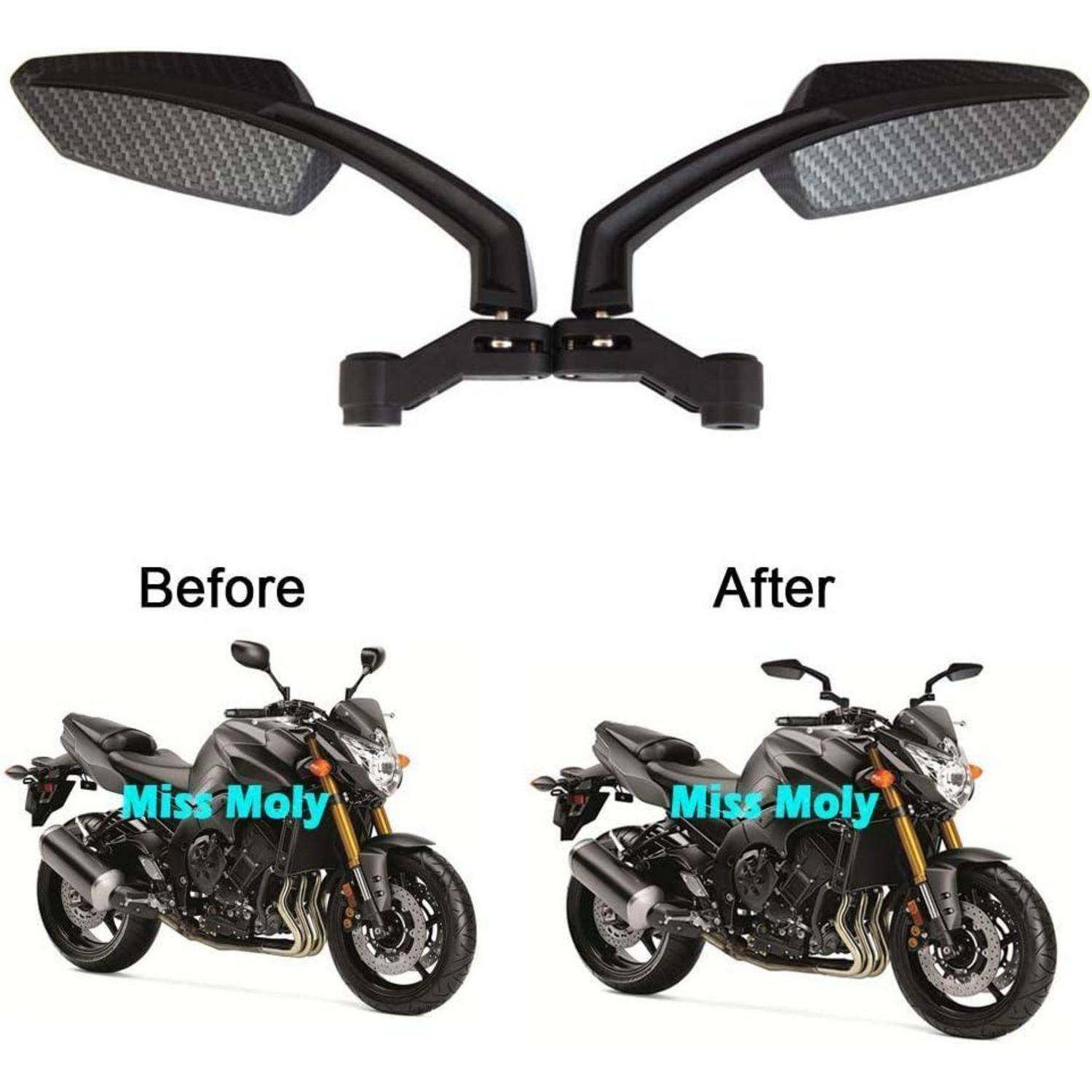 Motorrad-Spiegelverlängerungen, oben gezeigt ein Vorher-Nachher-Vergleich eines Motorrads, mit Spiegeln, die breiter positioniert sind, um die Sichtbarkeit nach hinten zu verbessern.