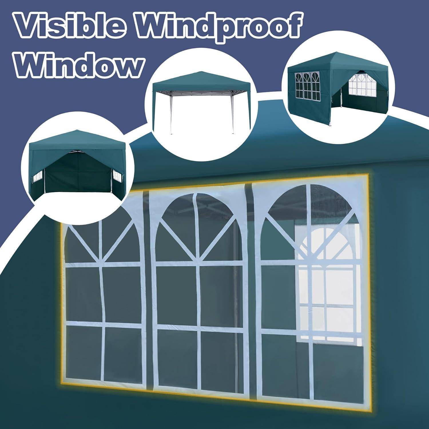 Werbegrafik für ein „Sichtbares winddichtes Fenster"-Baldachin-Zelt, das eine Zeltwand mit mehreren klaren gewölbten Fenstern und eingefügte Ansichten des Fensterdesigns aus verschiedenen Winkeln zeigt.